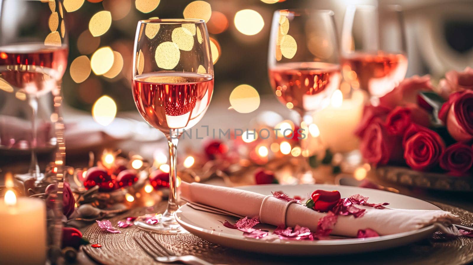Festive table setting with candles and arrangement of beautiful red flowers. Holiday concept. High quality photo