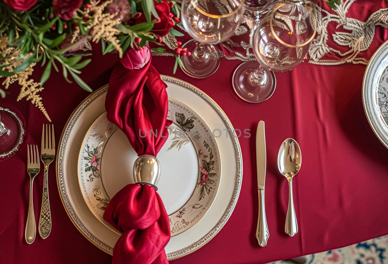 Festive table setting with candles and arrangement of beautiful red flowers. Holiday concept. High quality photo