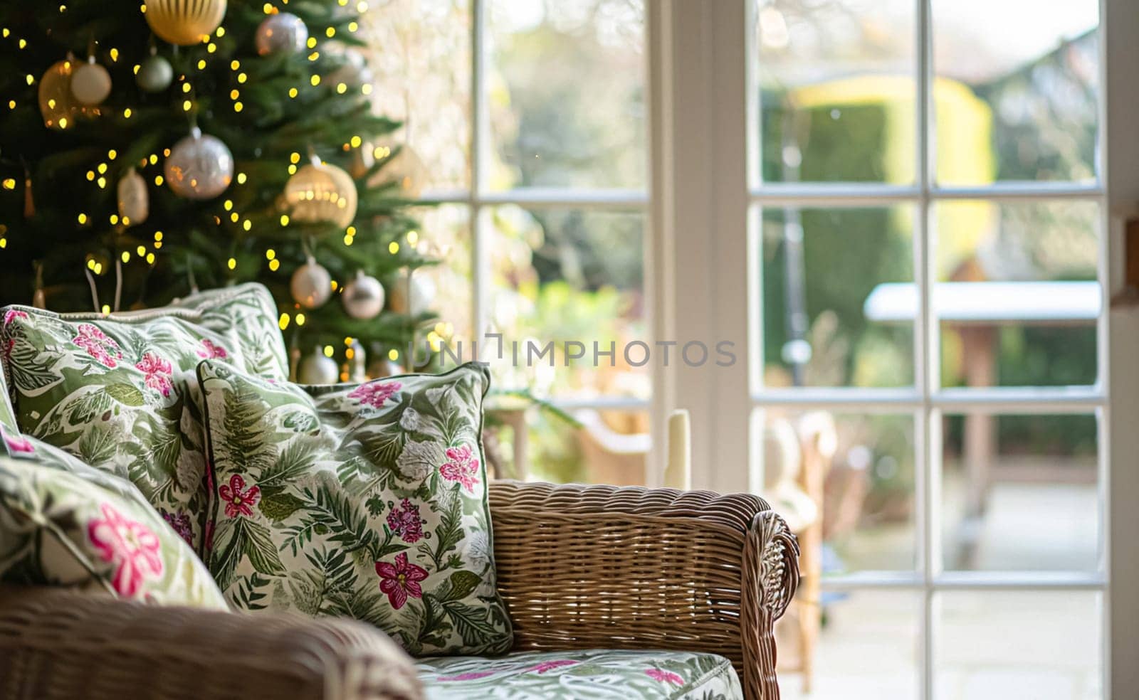 Colorful pillows on sofa against glass wall of window in a winter garden or conservatory. Interior textile concept. High quality photo