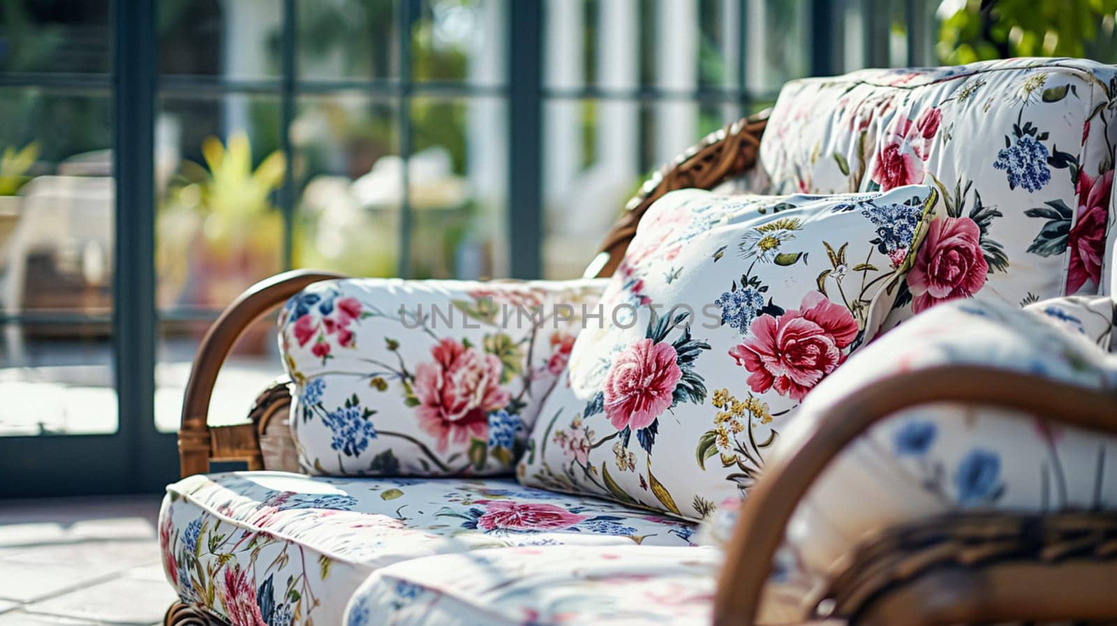 Colorful pillows on sofa against glass wall of window in a winter garden or conservatory. Interior textile concept. High quality photo