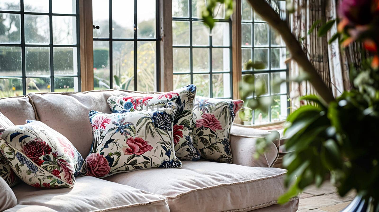 Colorful pillows on sofa against glass wall of window in a winter garden or conservatory. Interior textile concept. High quality photo