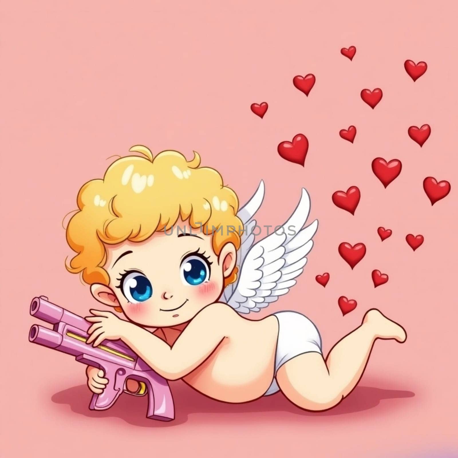 Cupid cute little boy angel with gun, pink background, valentine's day. High quality 3d illustration