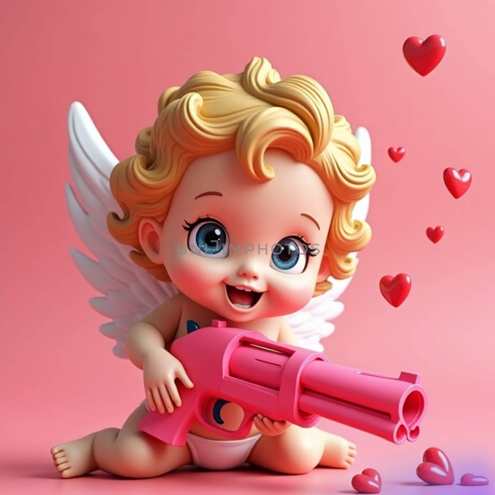 Cupid cute little boy angel with gun, pink background, valentine's day. High quality 3d illustration