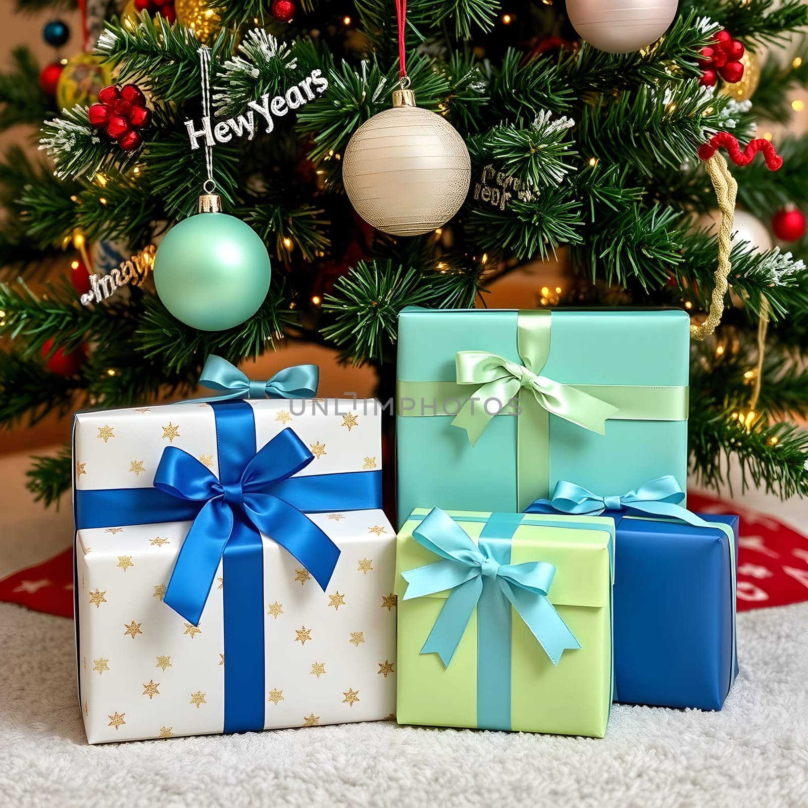 gifts blue and green boxes with blue bows under the christmas tree holiday, balls toys . High quality photo