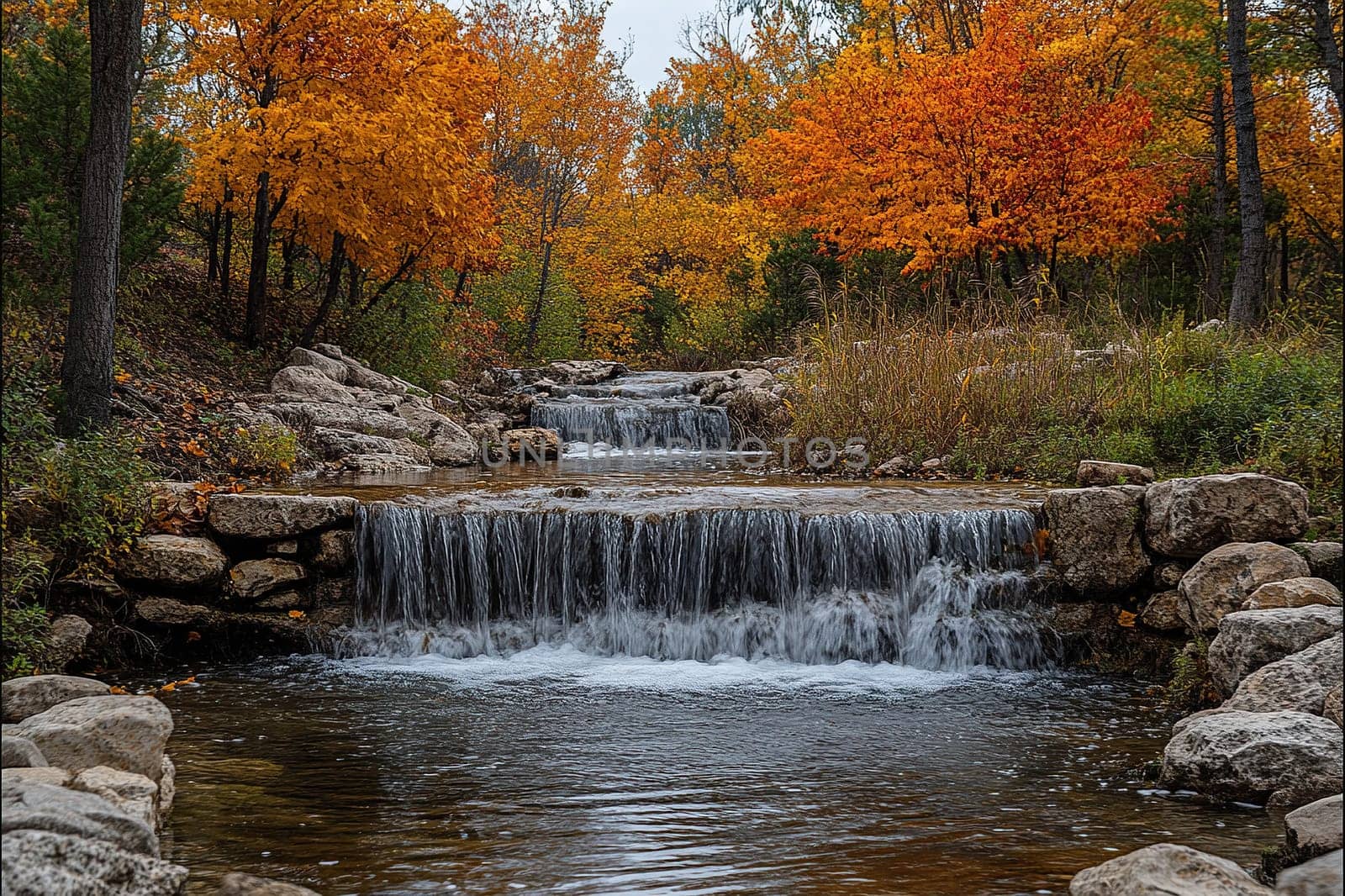 A beautiful small waterfall in the autumn forest.