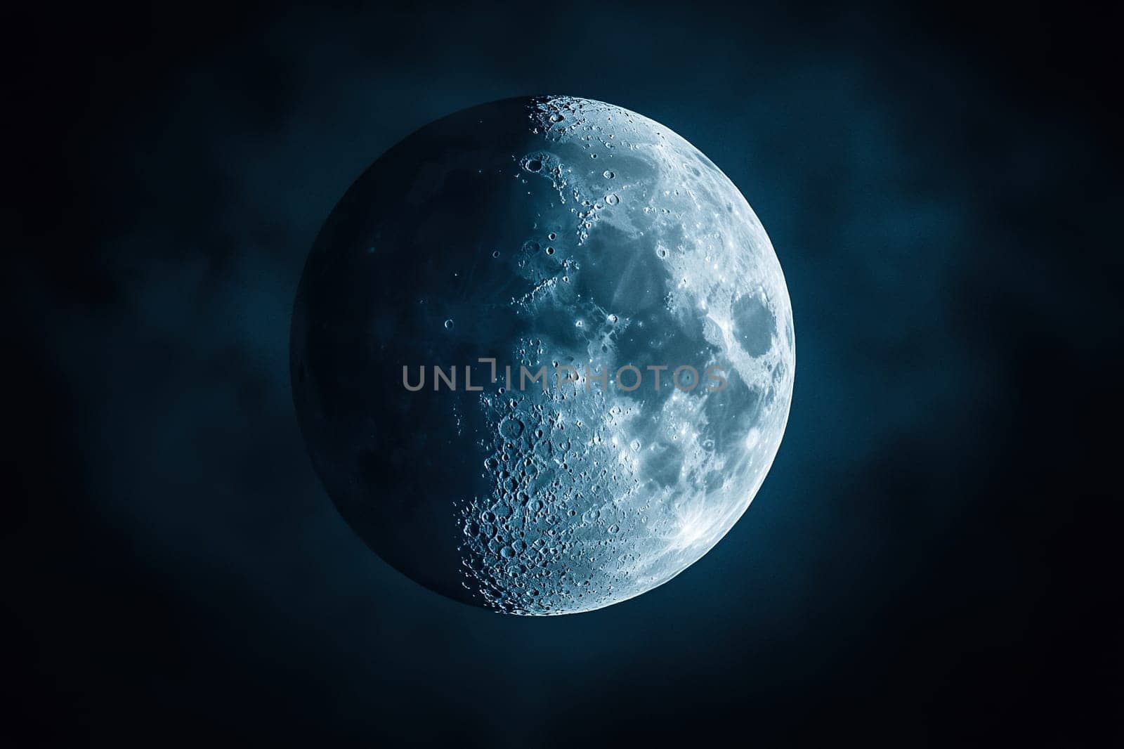 A detailed close-up image of the moon with craters in the night sky.