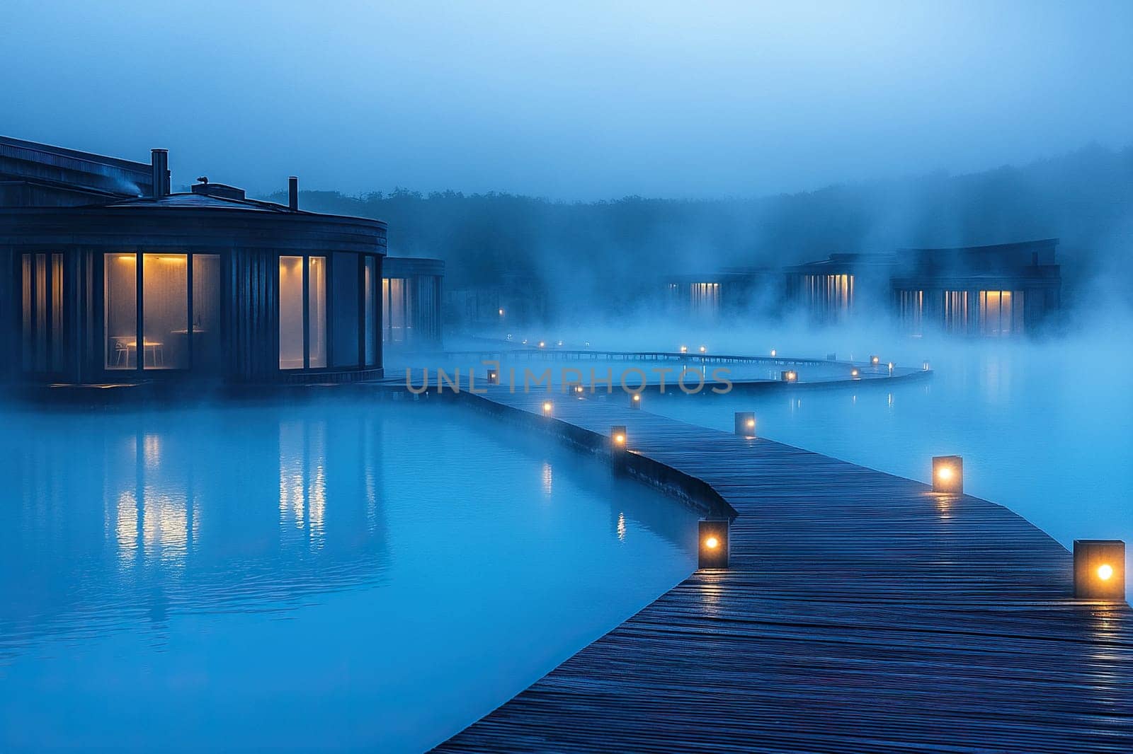Blue Lagoon, a luxury hot spring resort with steaming waters and surrounded by black rock formations.