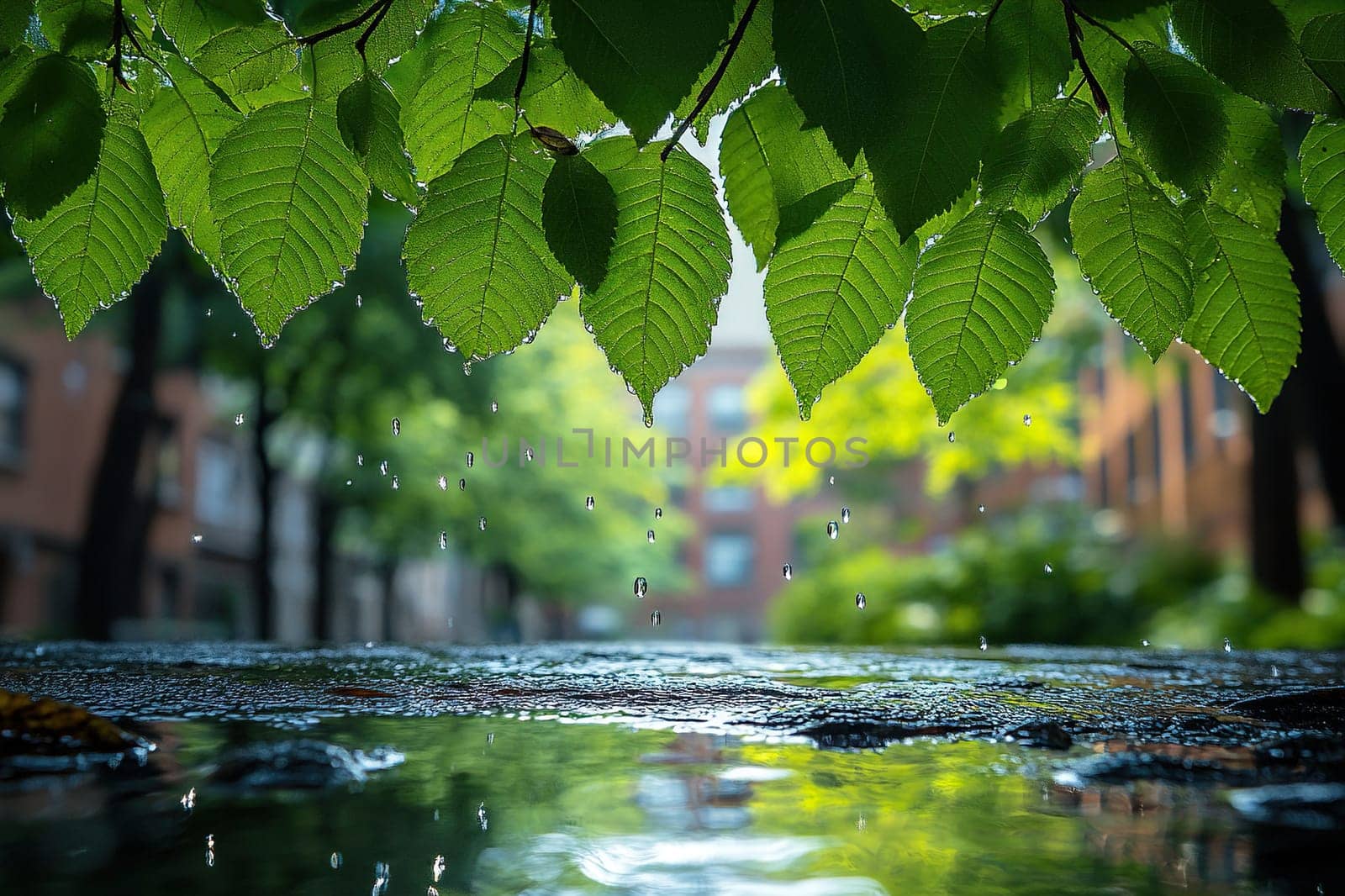 Abstract city background with green tree leaves over puddle on asphalt on summer day. Green city concept.