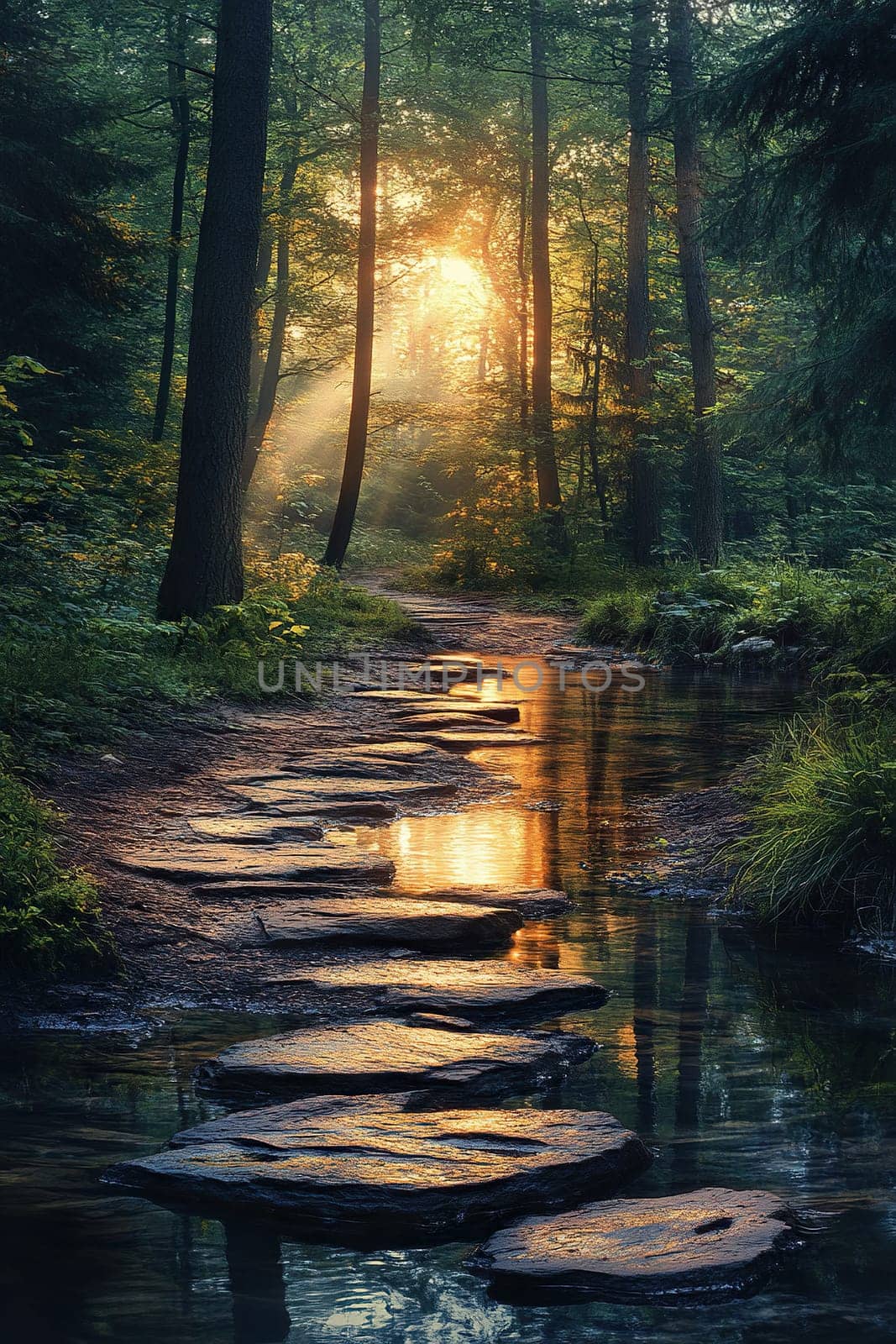 Magical landscape with a rocky path through the forest in the morning sun. Wonderful natural background. Sun rays among the trees.