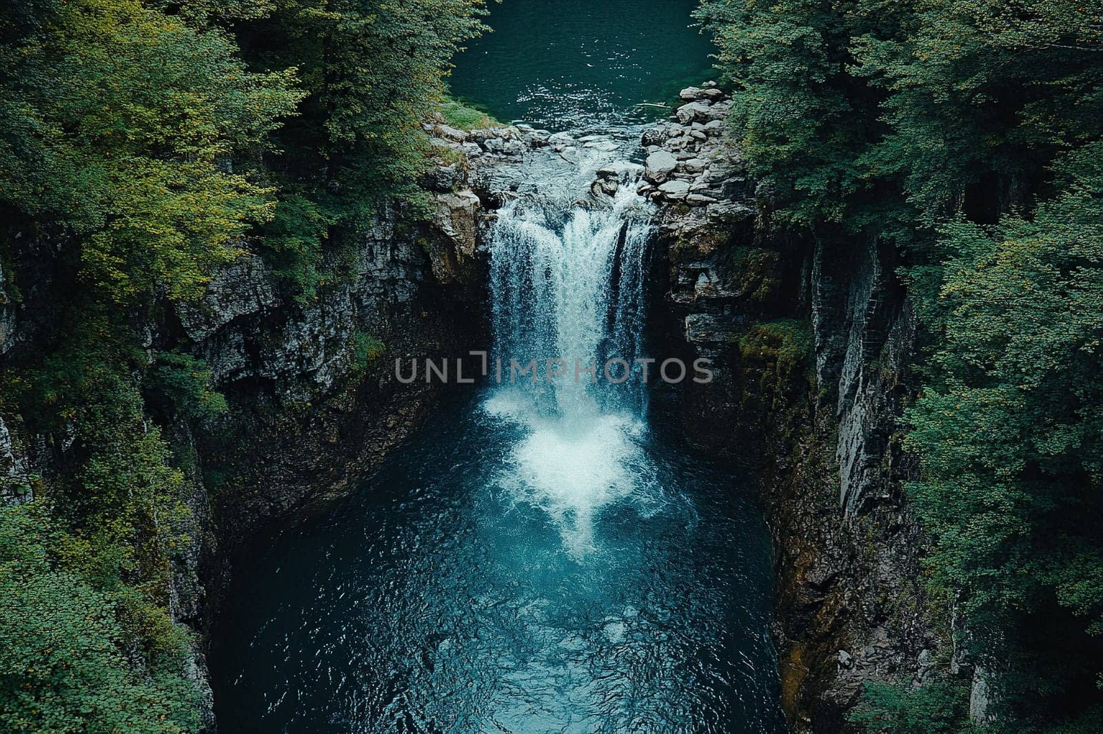 Stunning aerial shot of a waterfall. The waterfall is surrounded by a rocky green landscape, a lake or river below.