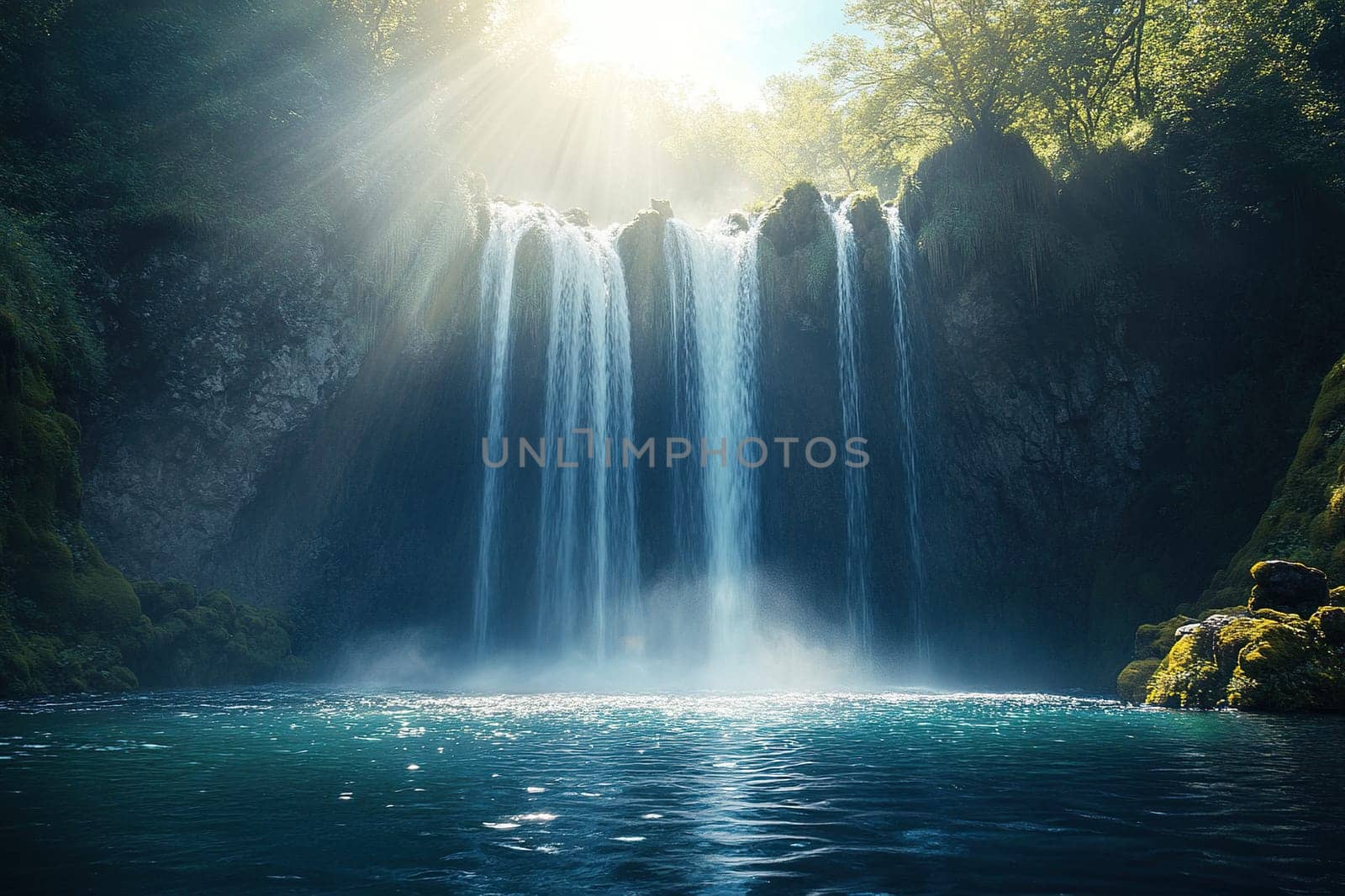 Beautiful waterfall in the sun. Natural landscape with a waterfall, rock and bay illuminated by the bright sun.