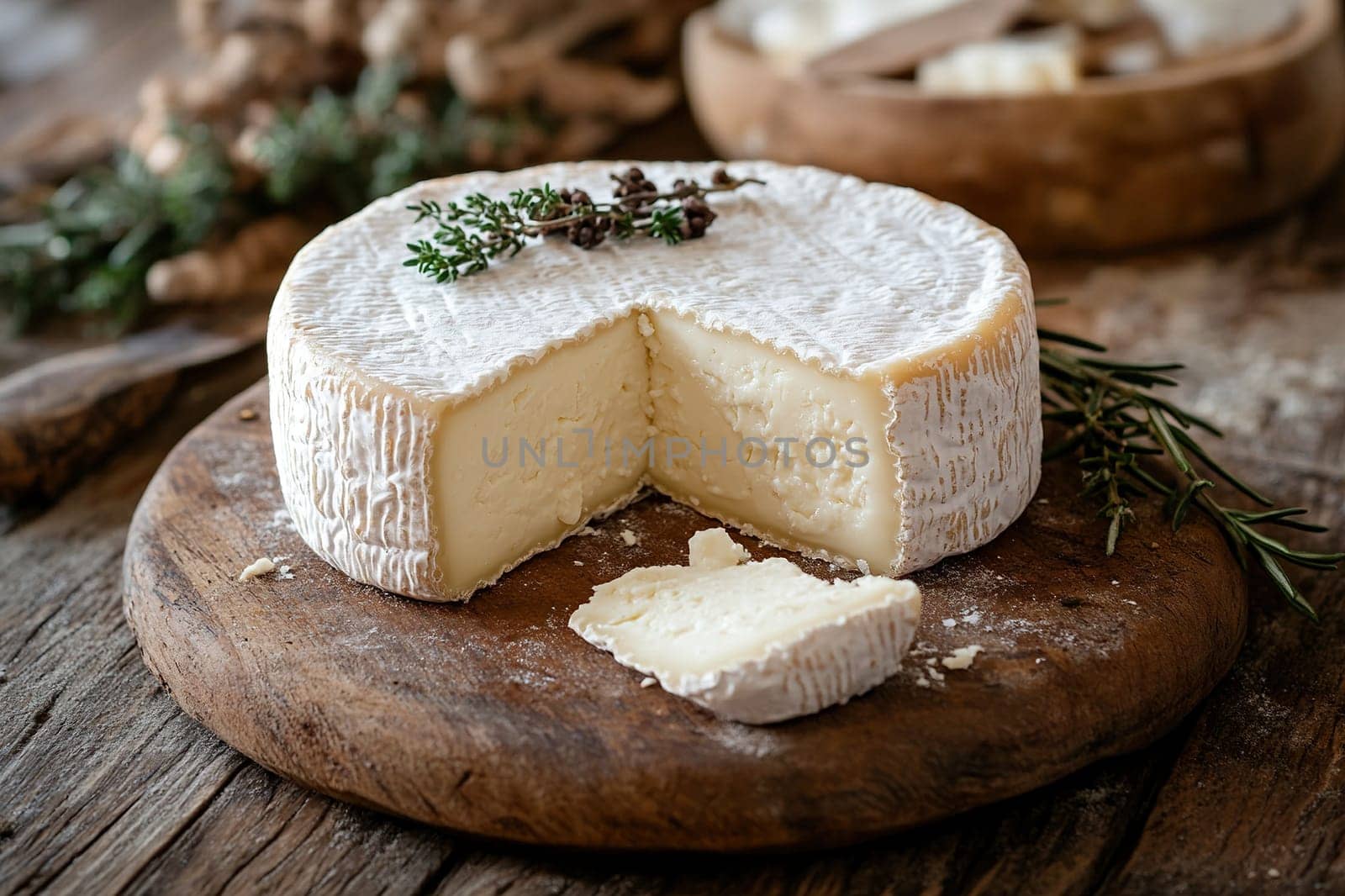 Camembert cheese on a wooden cutting board with a sprig of rosemary on an old wooden background.