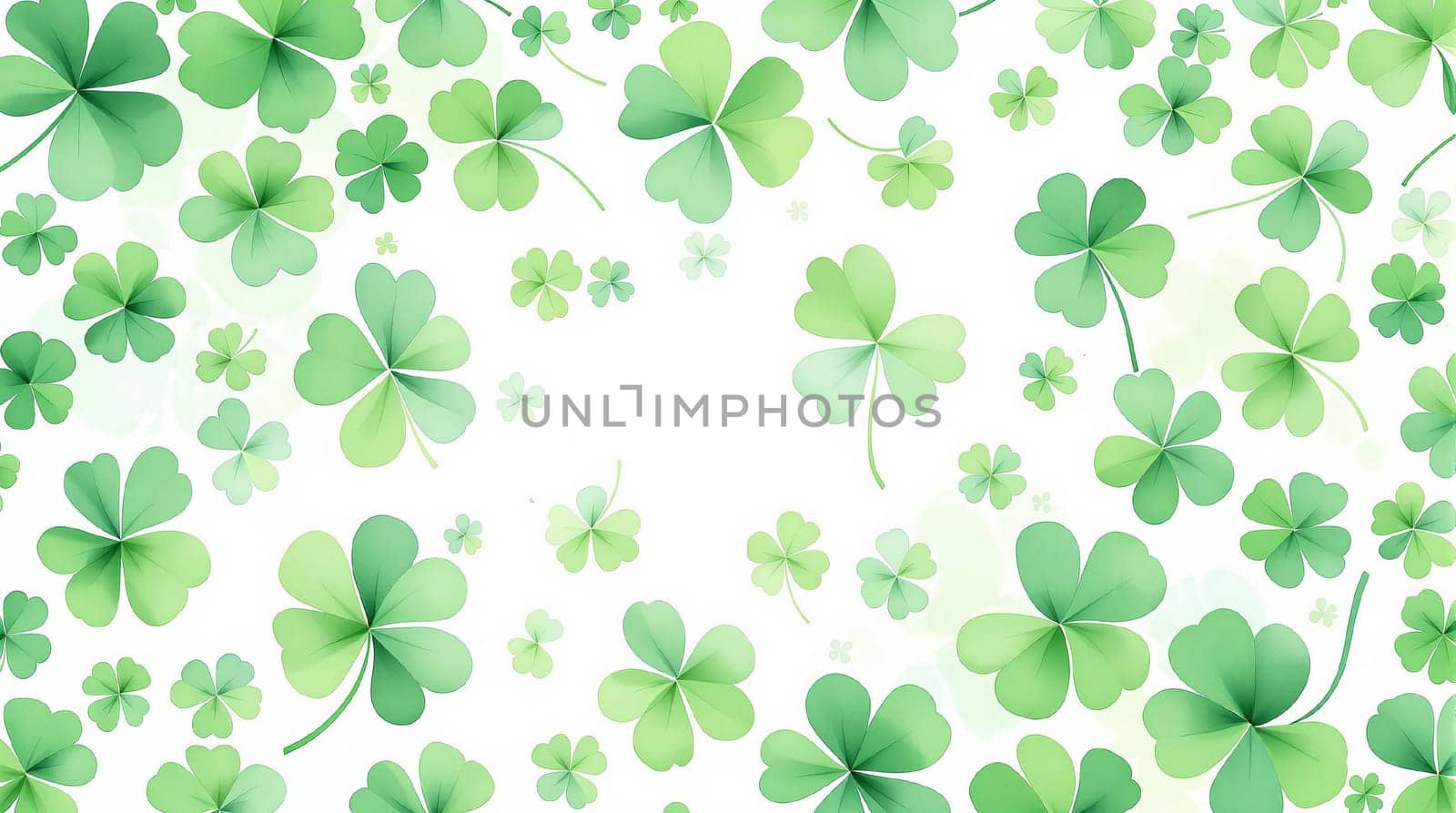 Watercolor-style Seamless Pattern of Green Shamrocks for Saint Patrick's Day Celebration. Festive Decor, Greeting Cards, and Party Invitations concept.