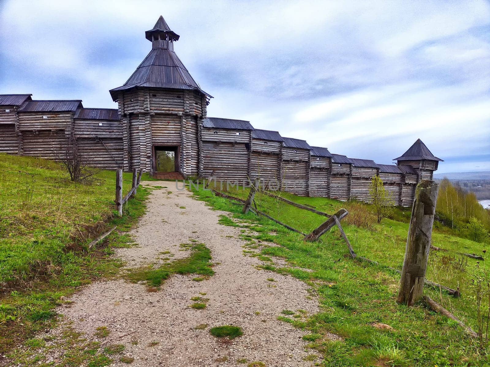 Wooden ancient Russian fortress at the filming location of the Heart of Parma in Russia in the Perm Region