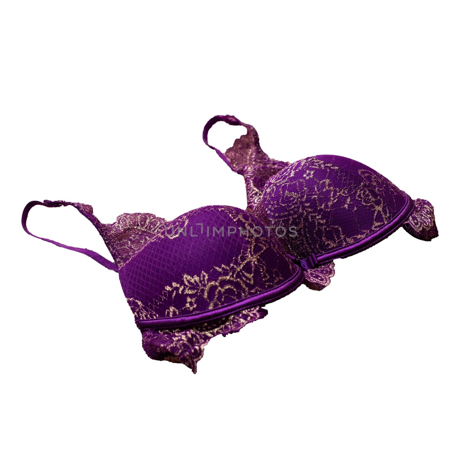 A vibrant purple bra adorned with sparkling gold sequins, set against a pristine white background, creating a striking visual contrast