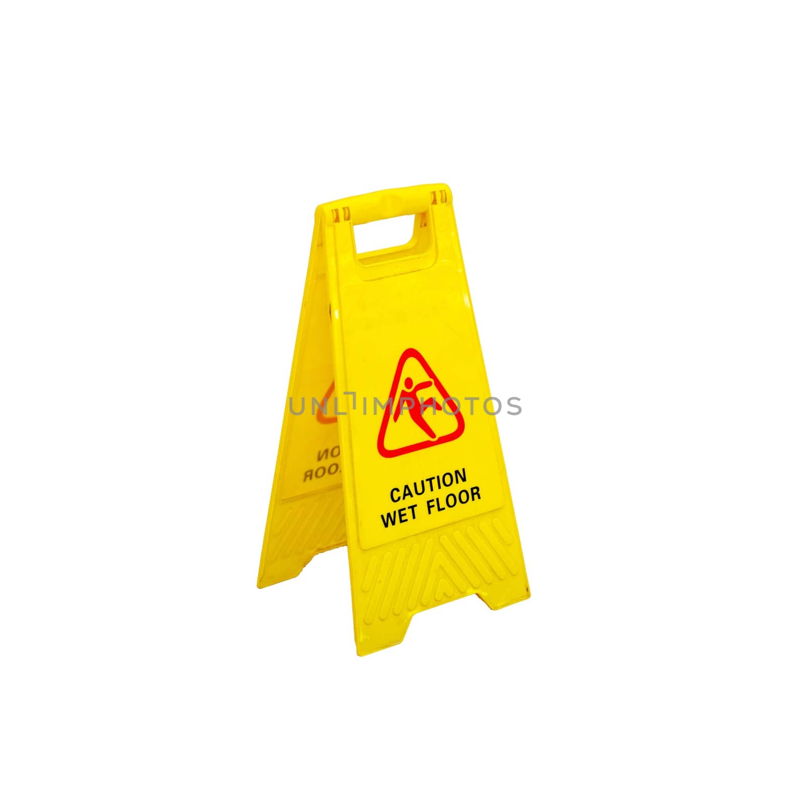 A bright yellow wet floor sign featuring a prominent red triangle symbol displayed on its surface designed to alert individuals
