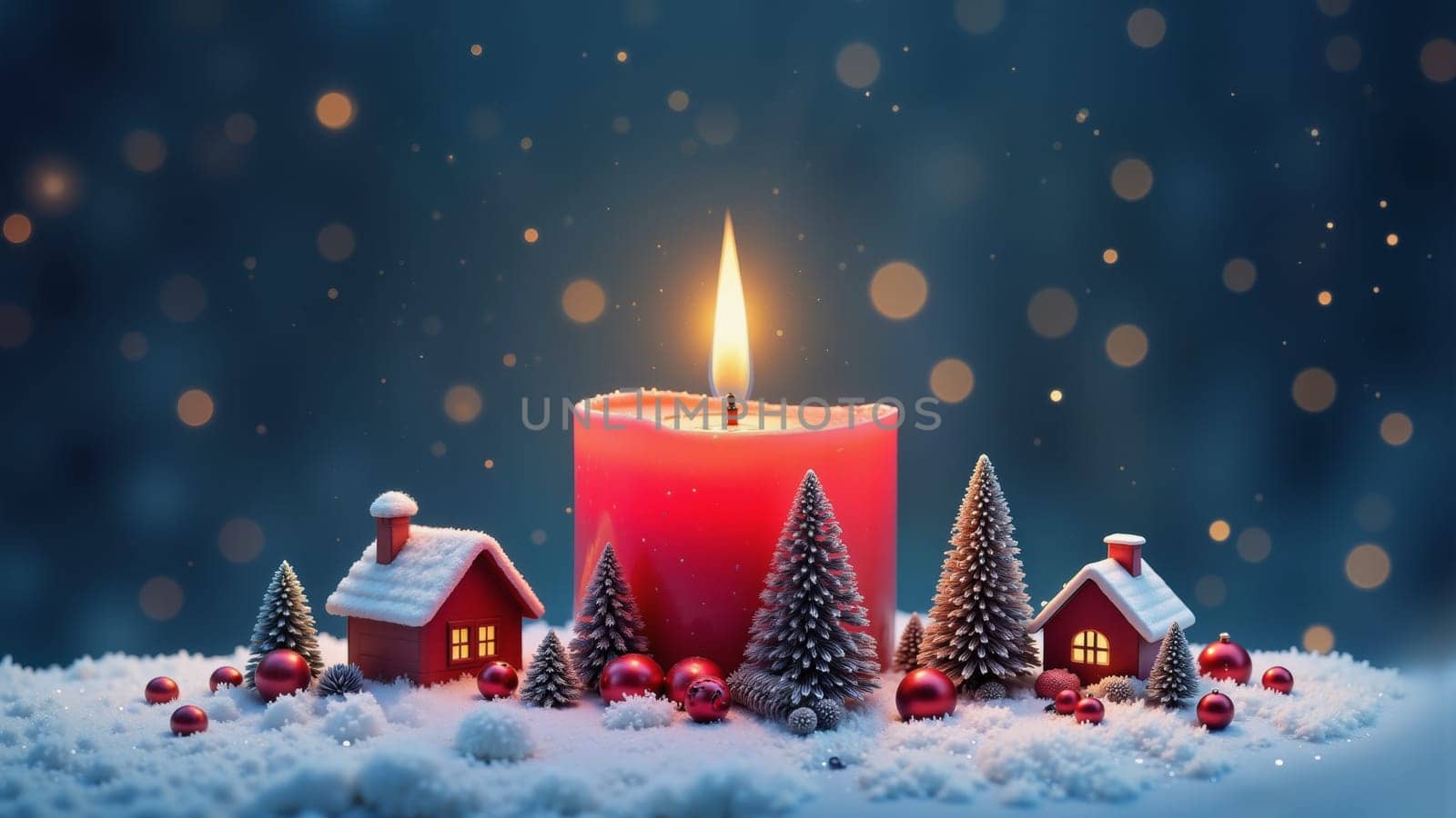 A red candle is lit in front of a house and a tree. The scene is set in a snowy landscape, with a cozy and warm atmosphere