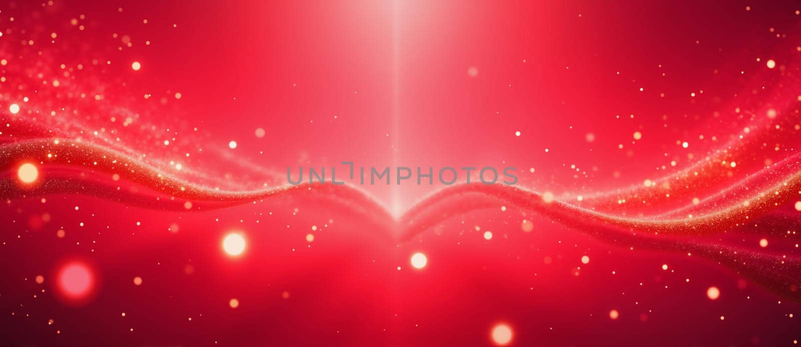 A heart is on a red surface with a lot of sparkles