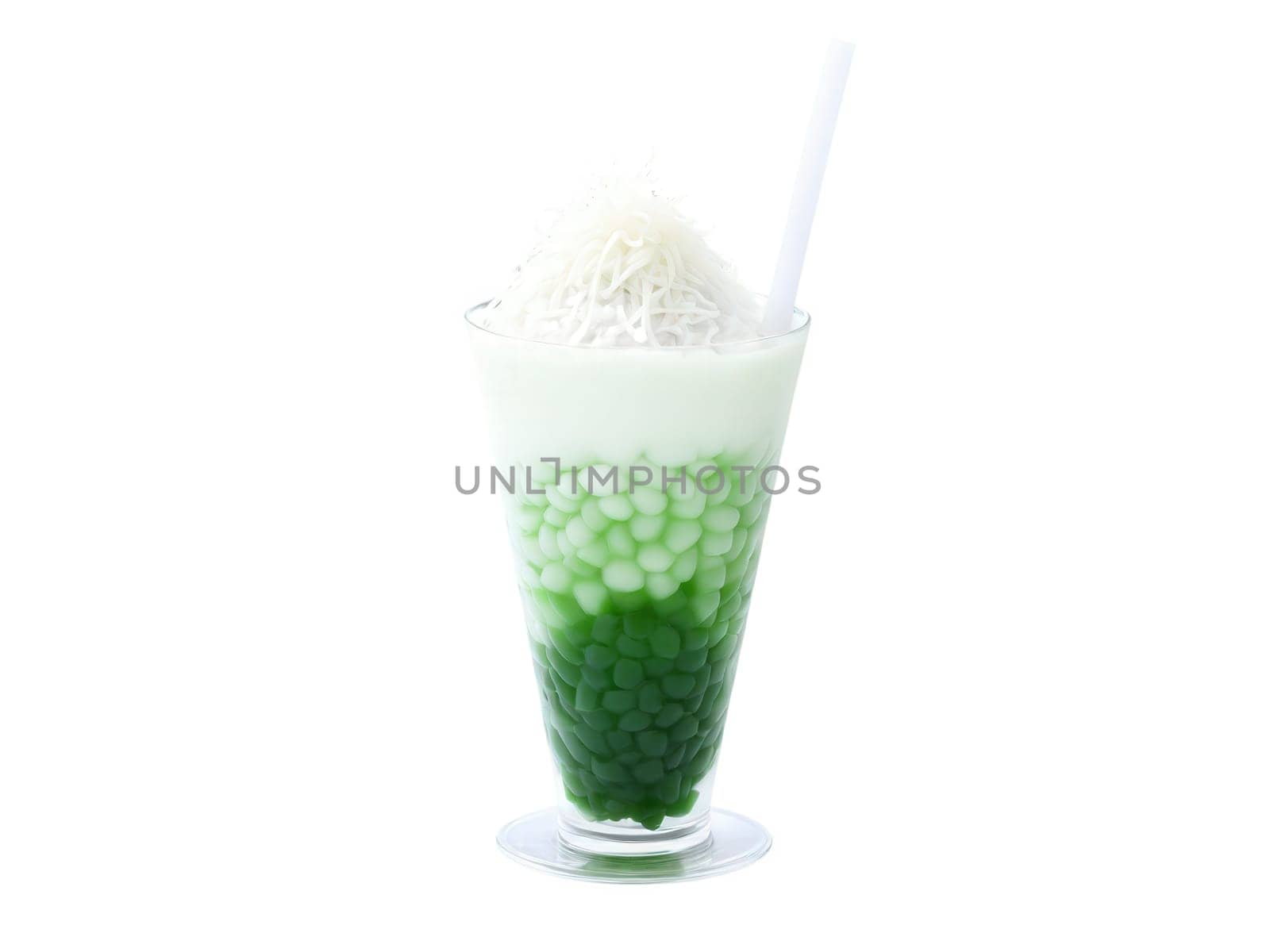 Cendol, shaved ice dessert with pandan jelly noodles, coconut milk and palm sugar syrup, served in tall glass, garnished with..