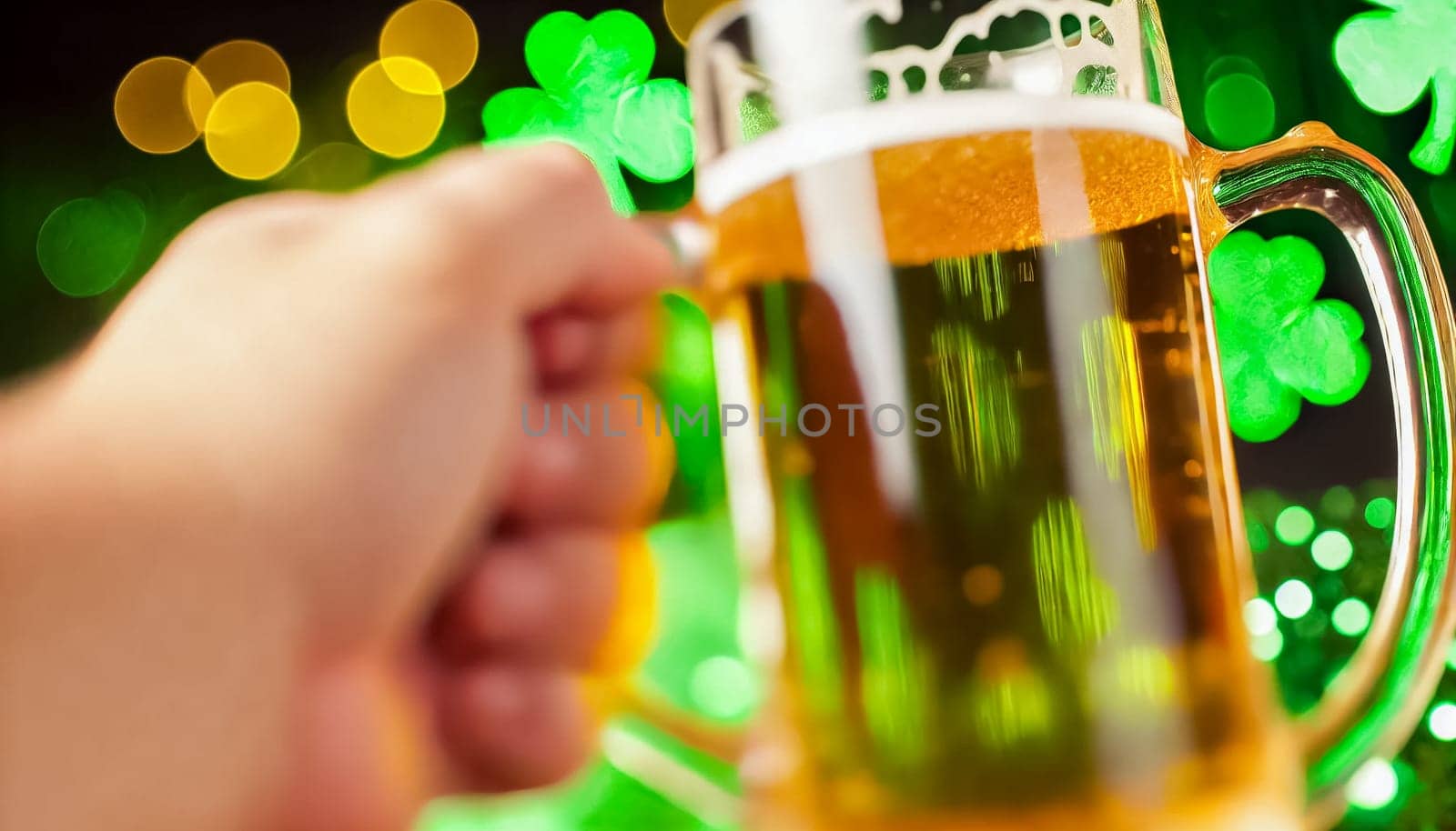 A macro view of beer droplets and foam captured mid-air as mugs clink together in a St. Patrick's Day celebration. The sharp focus on the beer particles and condensation on the mugs contrasts with the softly blurred green and gold festive decorations in the background.