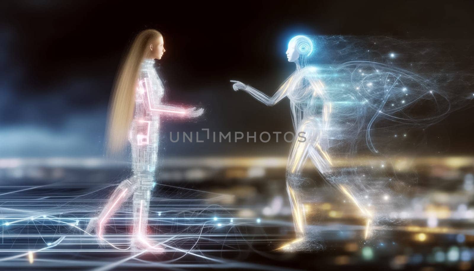 A human doctor and an AI-powered robotic surgeon collaborate seamlessly in a state-of-the-art medical facility, showcasing the potential of combined intelligence in advancing healthcare. Surrounded by holographic displays and robotic counterparts, this image captures the symbiosis of human touch and artificial precision.