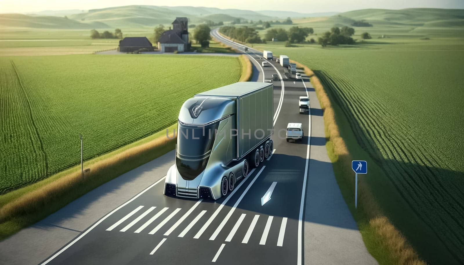 The suns morning rays cast a warm glow over lush fields, where an electric truck cruises smoothly along the open road, symbolizing a new era of sustainable agriculture and transport.