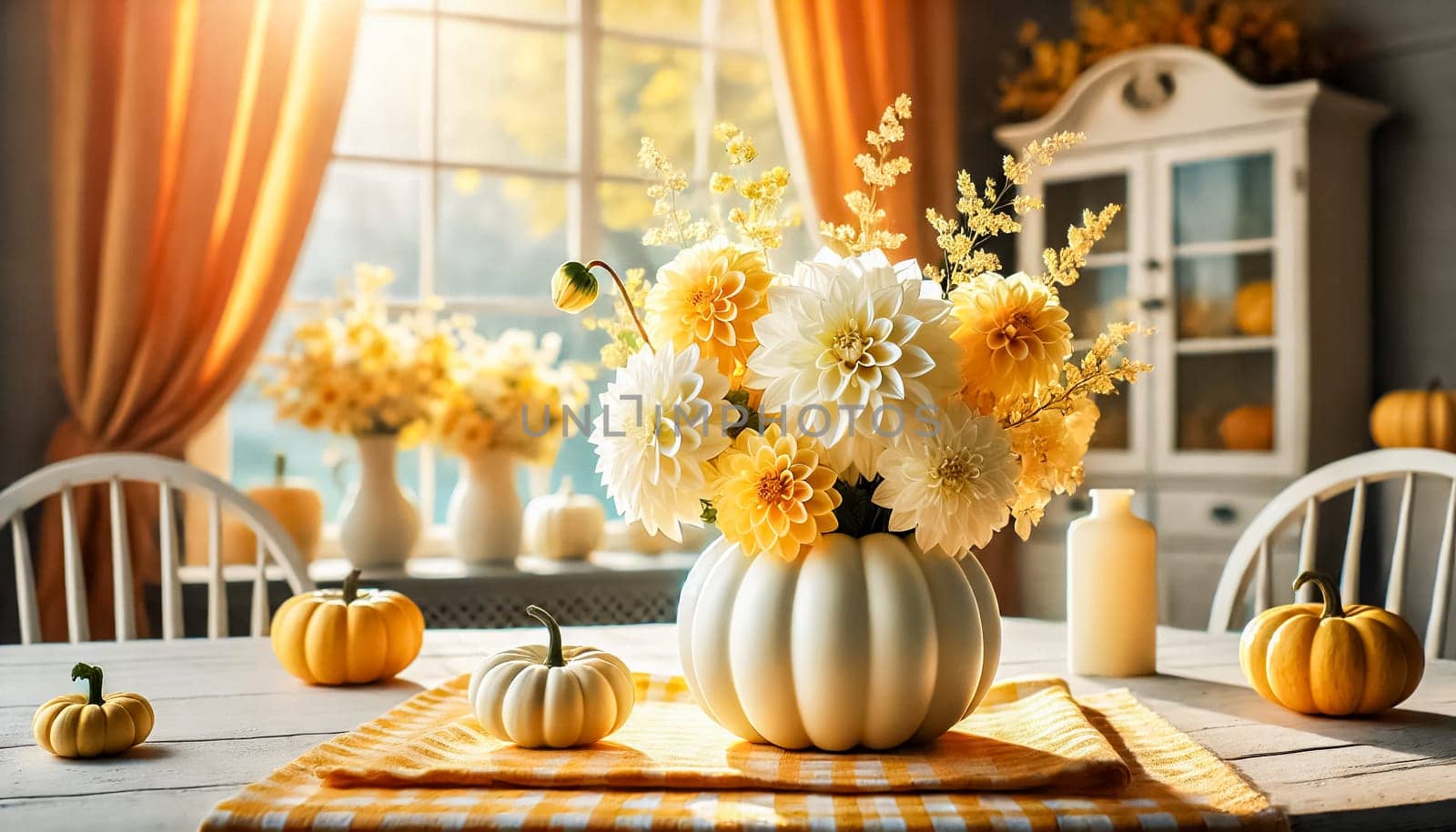 A contemporary living room featuring a vibrant fall-inspired floral arrangement in a white pumpkin vase on a wooden coffee table. The room is filled with natural light from large windows, complemented by minimalist decor, a light grey sofa, and autumnal accents such as small pumpkins and orange dahlias, creating a warm and welcoming atmosphere.