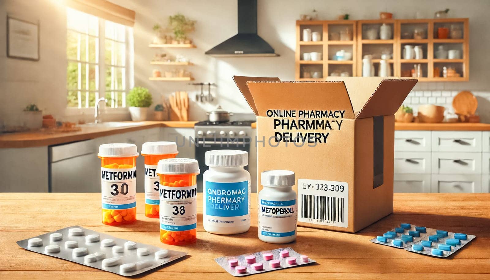 The image captures prescription medication bottles labeled with a patient's name, delivered by an online pharmacy. The background features a warm, homey kitchen with soft lighting and an open Amazon delivery box.