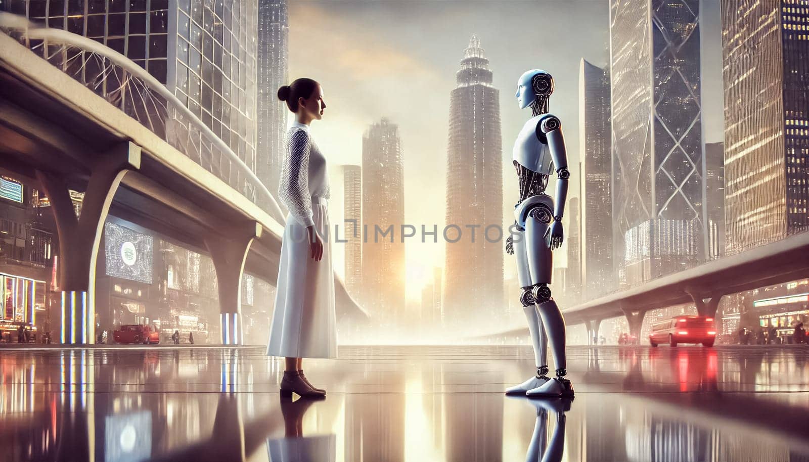 A woman and a humanoid robot stand facing each other in a serene, futuristic city at dawn. The soft light reflects off the sleek surfaces around them, highlighting the contrast between the organic and synthetic forms in this moment of contemplation.