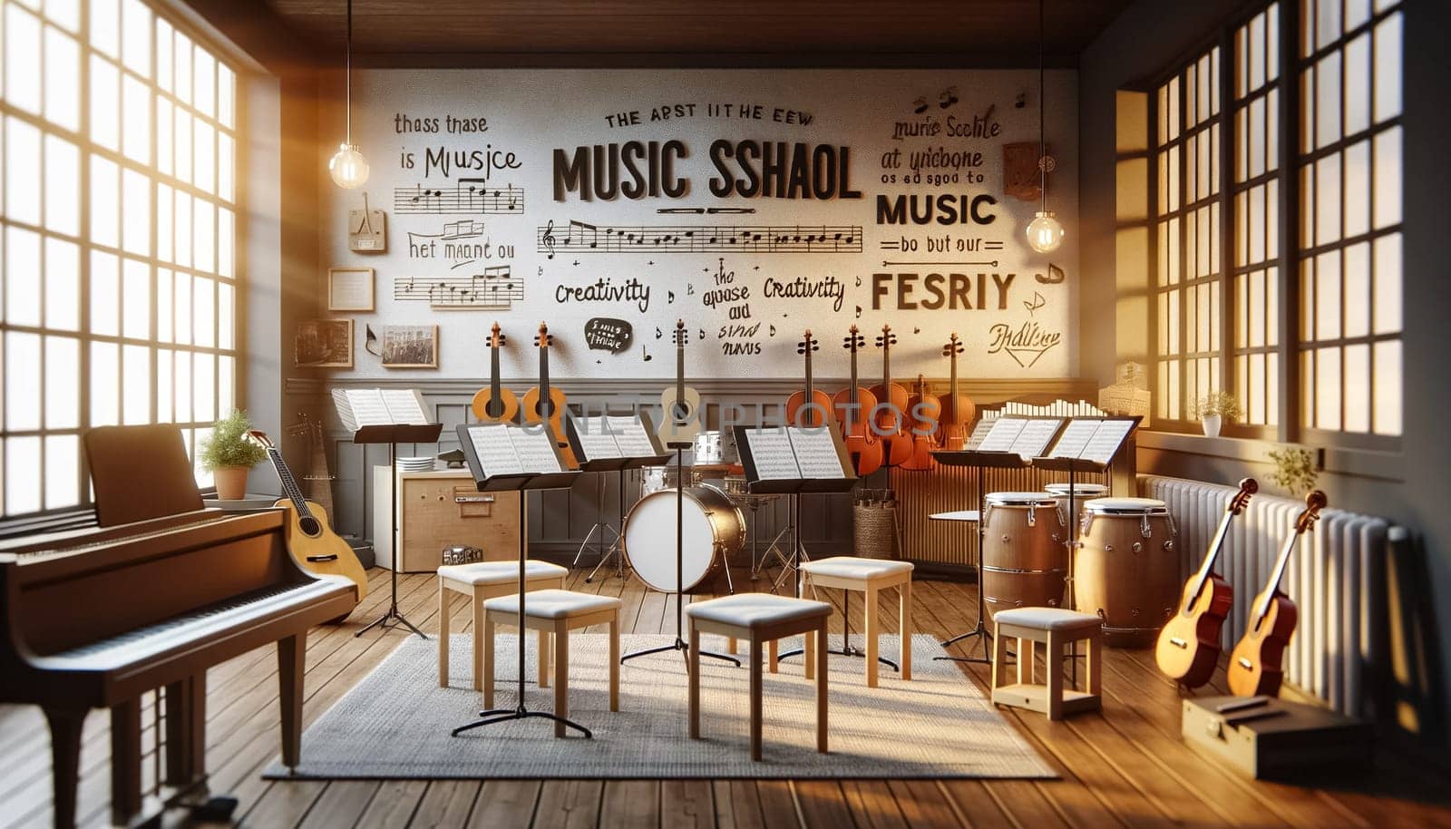 Golden sunlight bathes a serene music classroom, where various instruments wait silently for the touch of aspiring musicians.