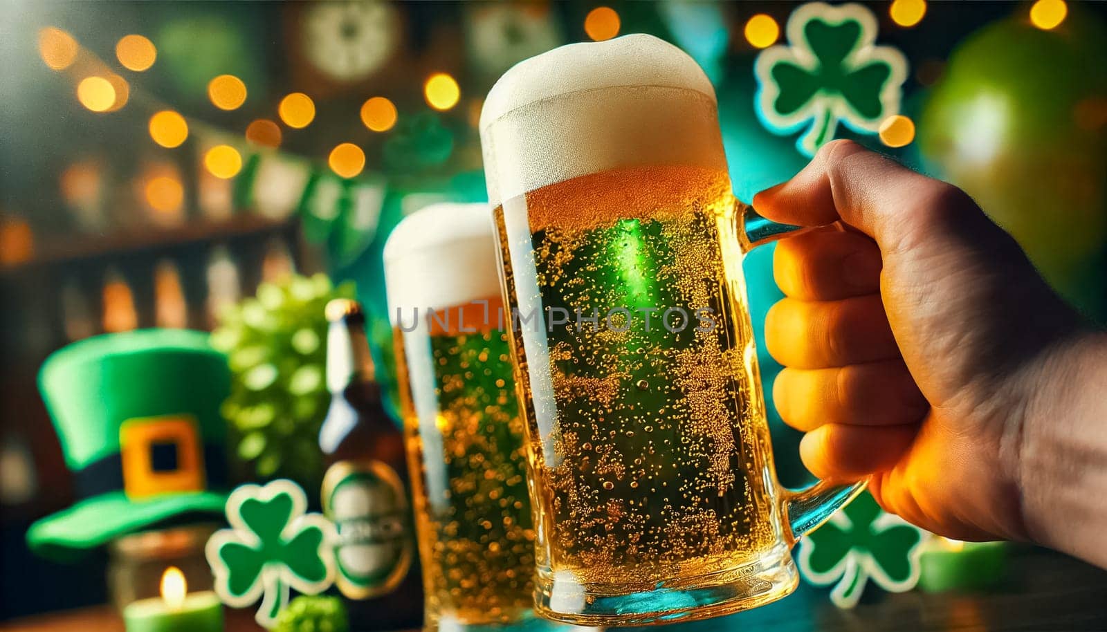 A macro view of beer droplets and foam captured mid-air as mugs clink together in a St. Patrick's Day celebration. The sharp focus on the beer particles and condensation on the mugs contrasts with the softly blurred green and gold festive decorations in the background.