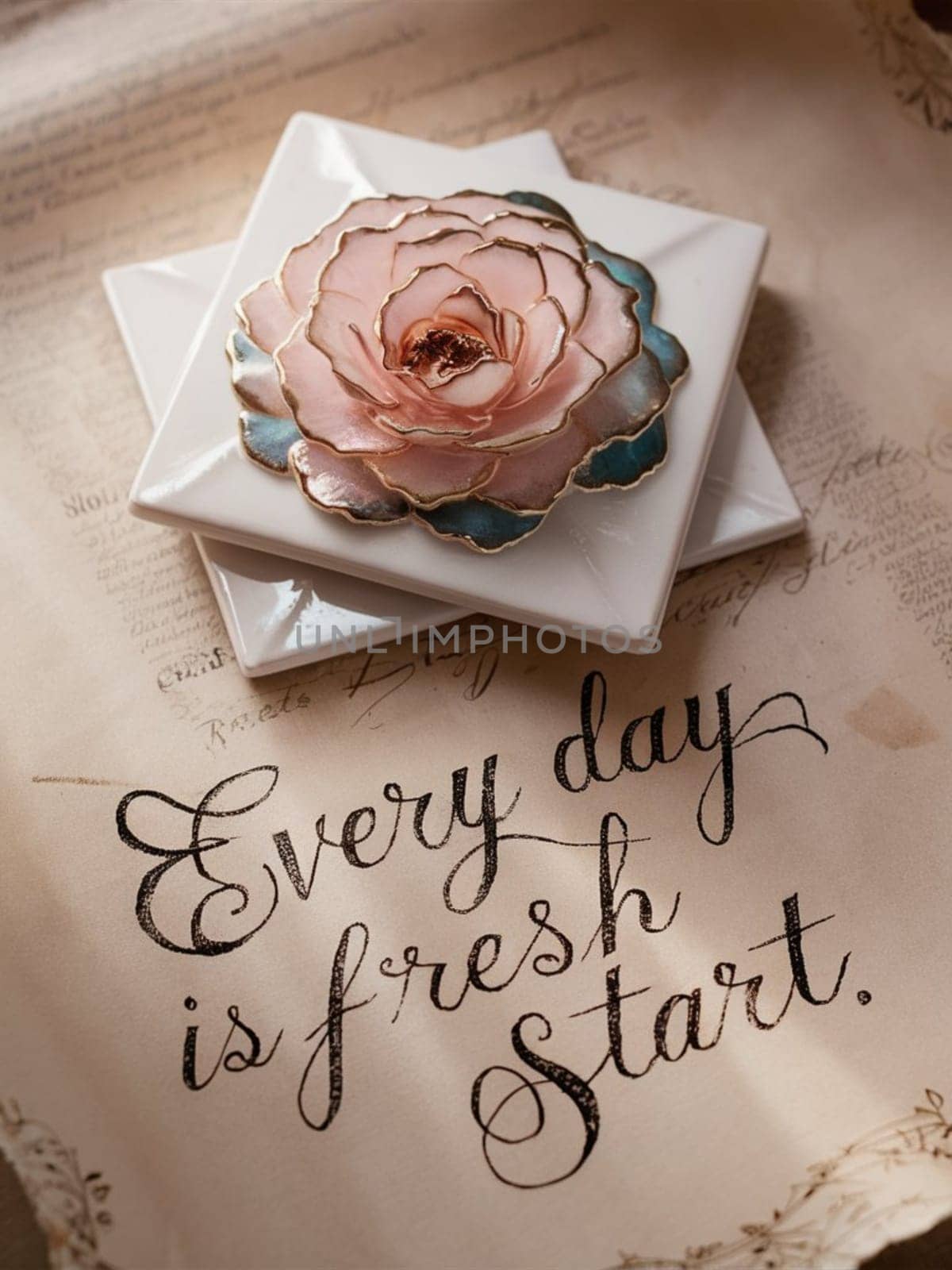 Beautifully adorned dish with a rose design rests on a vintage background featuring an encouraging handwritten quote, every day is a fresh start, promoting positivity and new beginnings