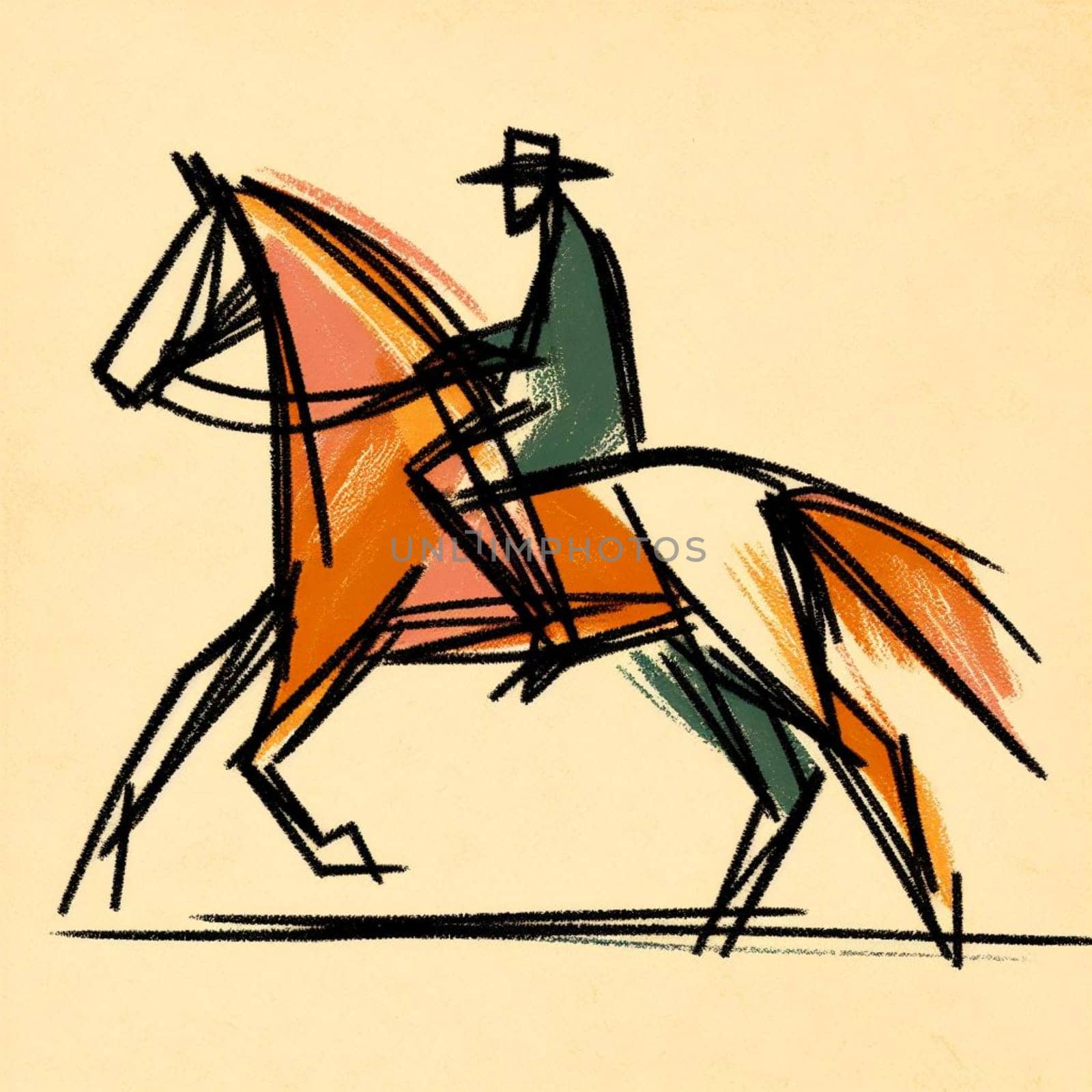 Abstract doodle style sketch of a cowboy riding a horse with pastel sticks on a minimalist background