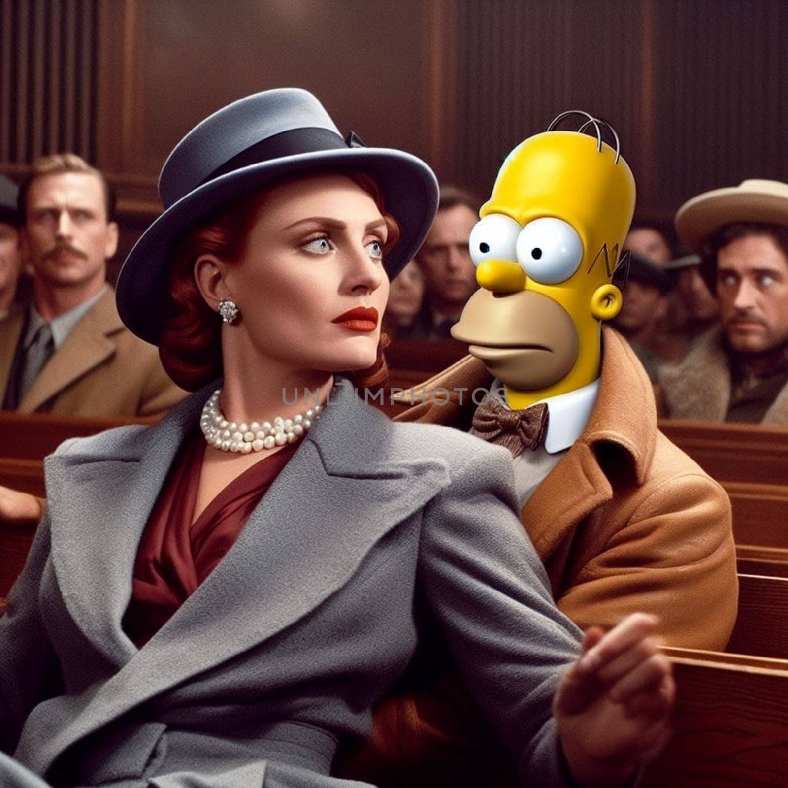 Stylized illustration of a woman and an animated figure in a mid-20th century courtroom setting