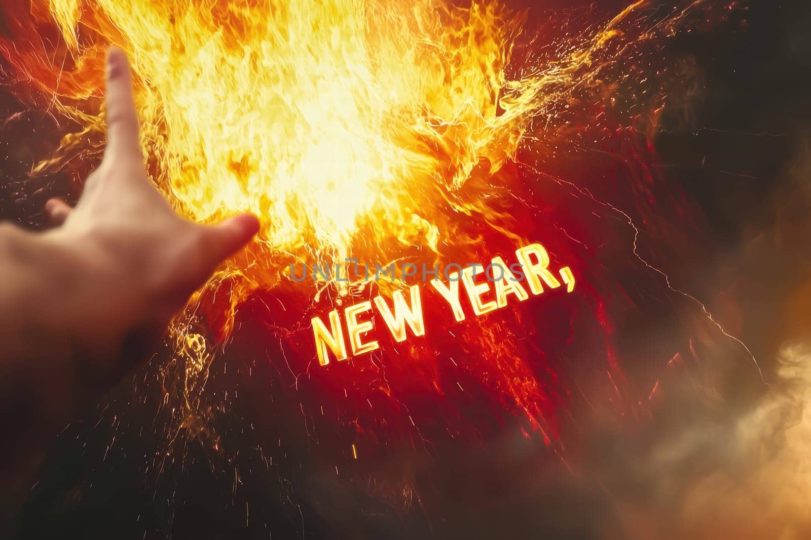 A striking and dramatic depiction of a hand reaching towards a fiery New Year message, symbolizing hope and renewal
