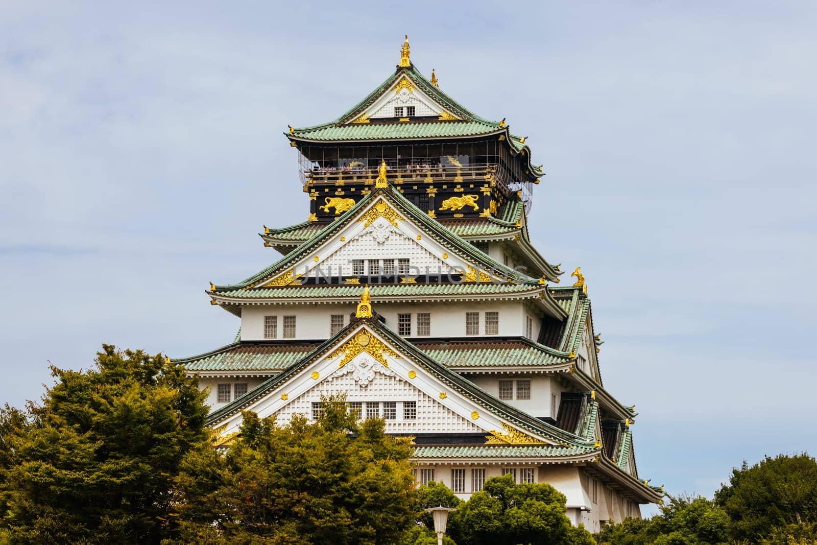 OSAKA, JAPAN - SEPTEMBER 25 2024: The iconic Osaka Castle and lush surrounds on a warm clear autumn day in Osaka, Japan on September 25th 2024