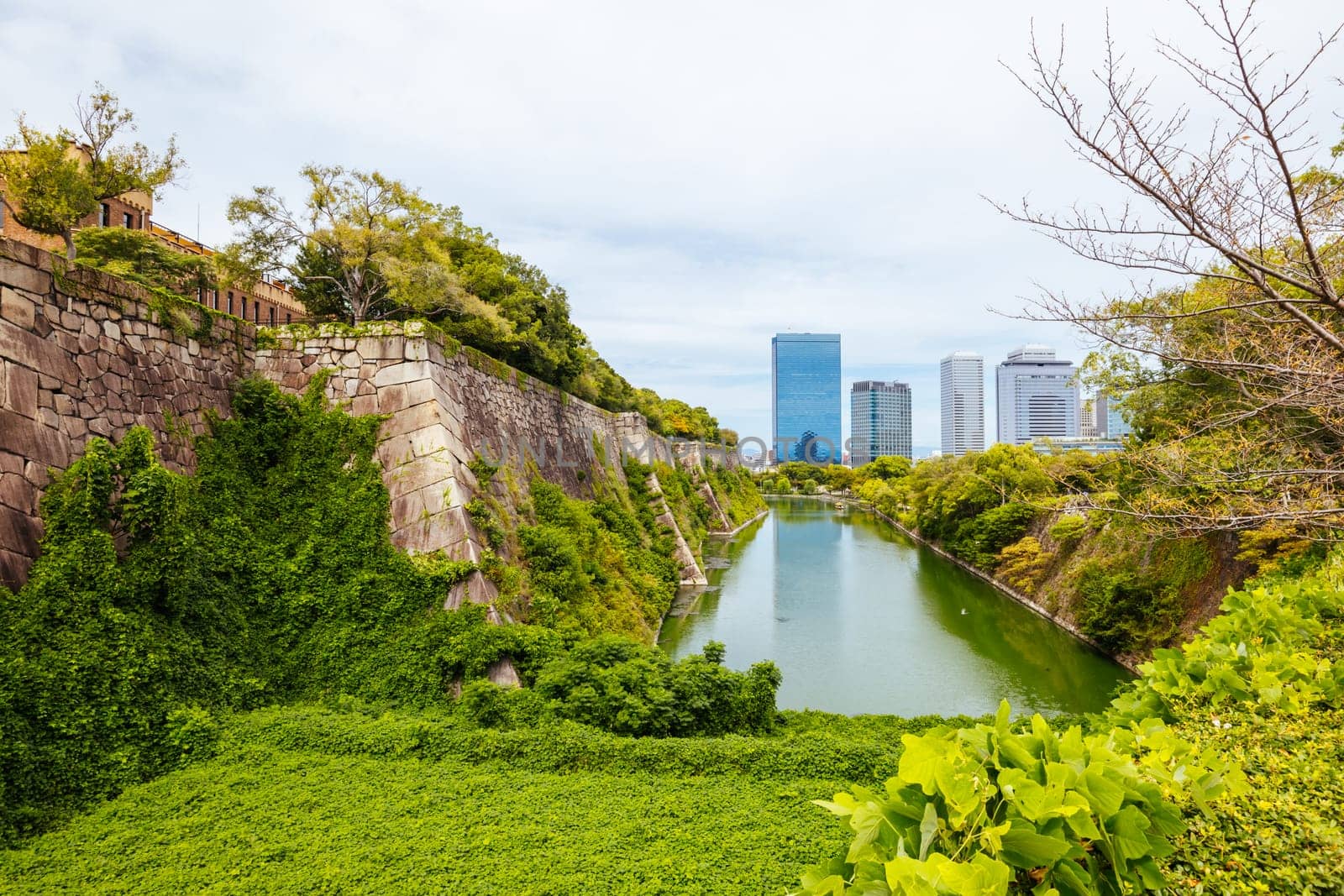 OSAKA, JAPAN - SEPTEMBER 25 2024: The iconic Osaka Castle and surrounding moat and gardens on a warm clear autumn day in Osaka, Japan on September 25th 2024