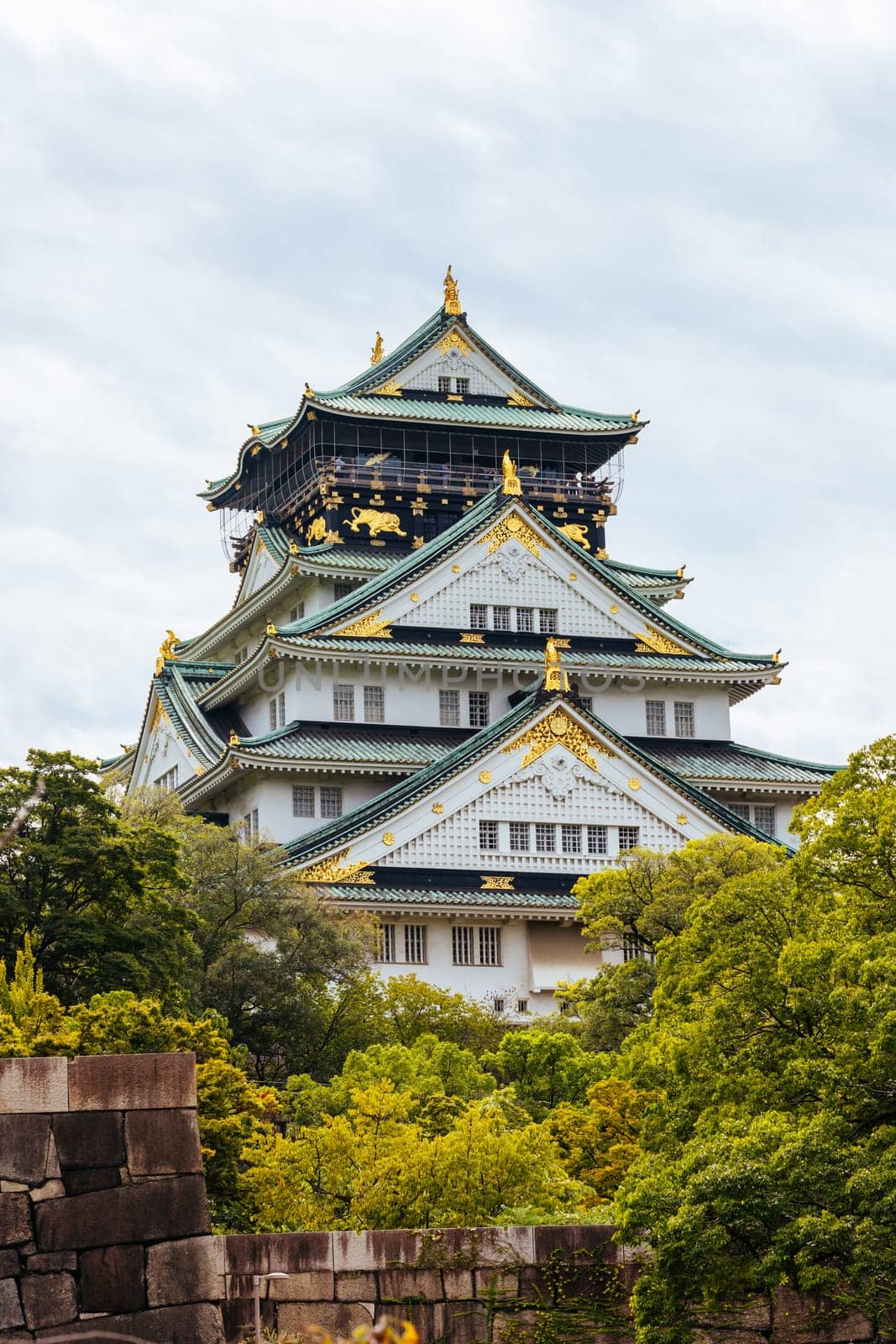 OSAKA, JAPAN - SEPTEMBER 25 2024: The iconic Osaka Castle and lush surrounds on a warm clear autumn day in Osaka, Japan on September 25th 2024
