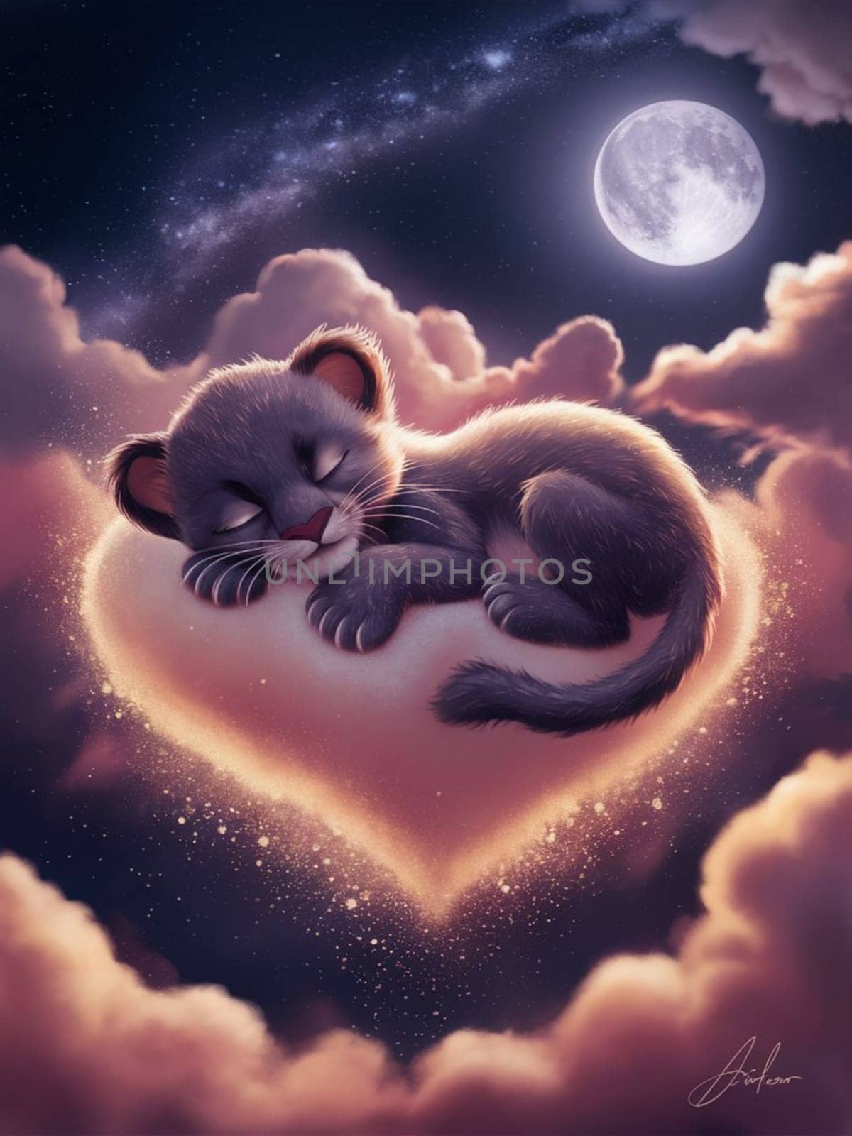 A cute little lion is sleeping on a heart. The image has a dreamy, whimsical feel to it, with the lion resting on a heart that is floating in the sky. The moon is also visible in the background ai generated