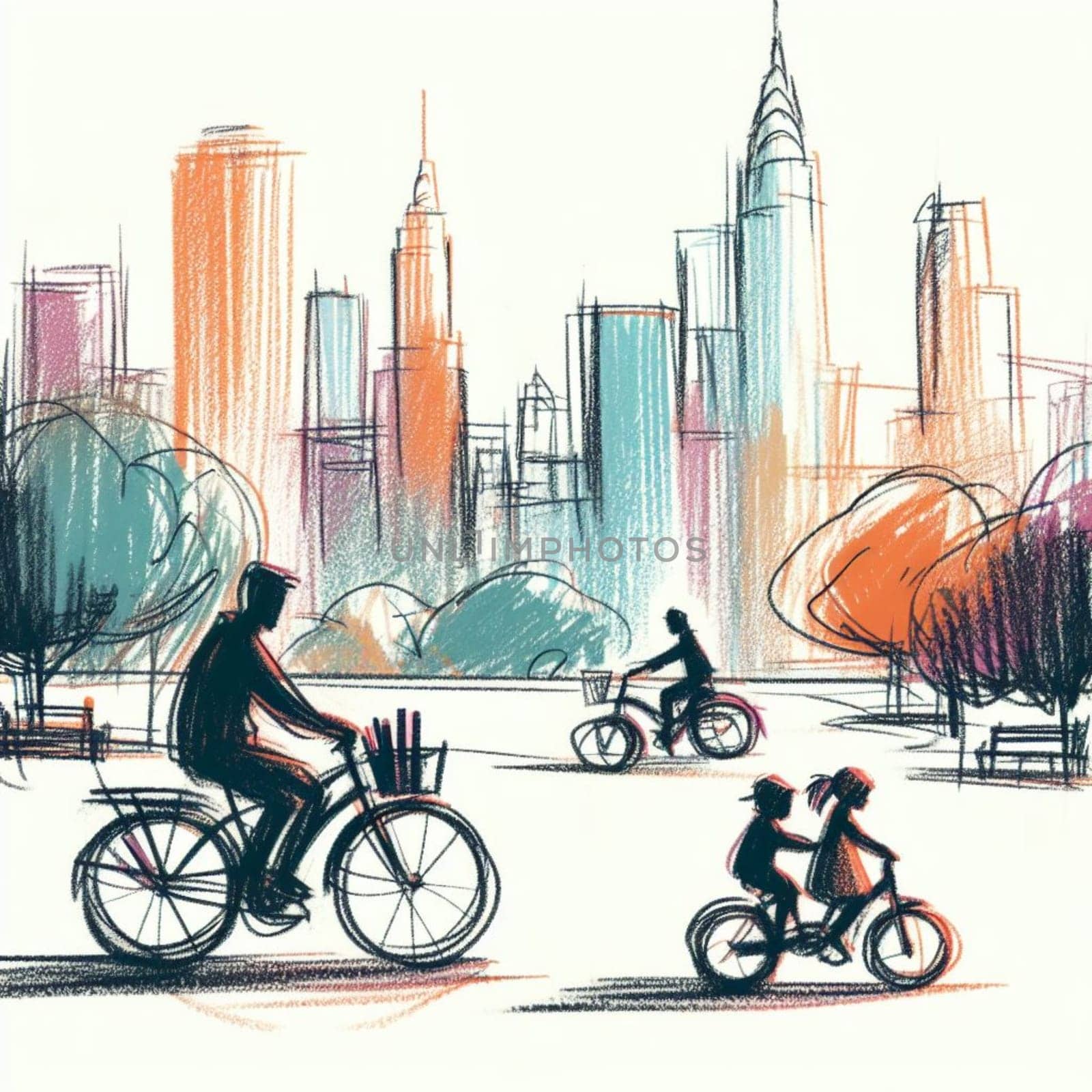 Vibrant urban cycling adventure through the colorful cityscape with bicycles and riders. Featuring an illustration of skyscrapers and a vibrant lifestyle. Highlighting outdoor recreation. Fitness