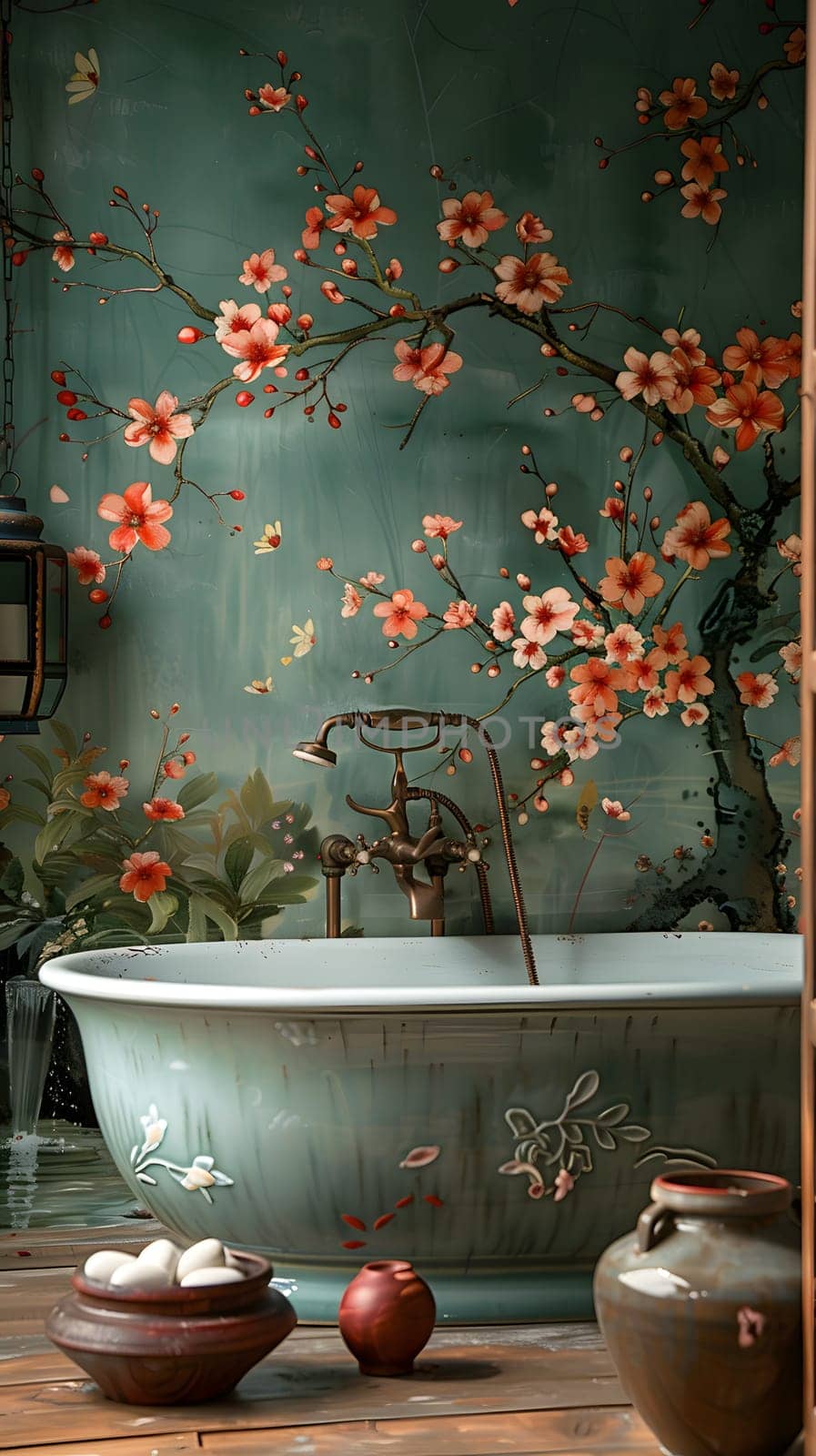 A bathroom featuring a bathtub surrounded by a painting of flowers on the wall, creating a serene ambiance with floral decor
