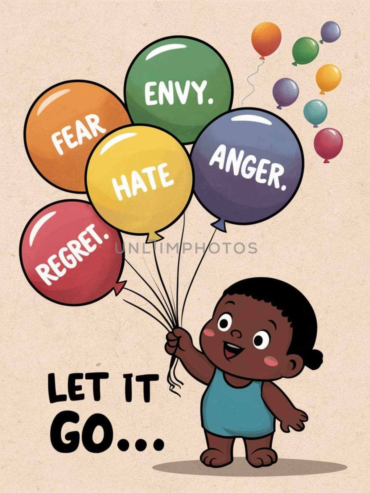 Illustration of a cheerful child releasing balloons labeled with negative emotions such as fear, anger, and envy, symbolizing the concept of letting go and embracing positivity