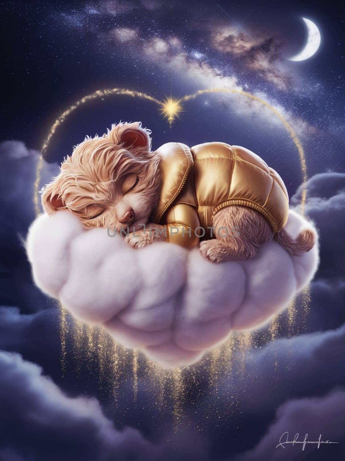 A dog is sleeping on a heart shaped pillow. The pillow is on top of a cloud. The dog is wearing a jacket ai generated