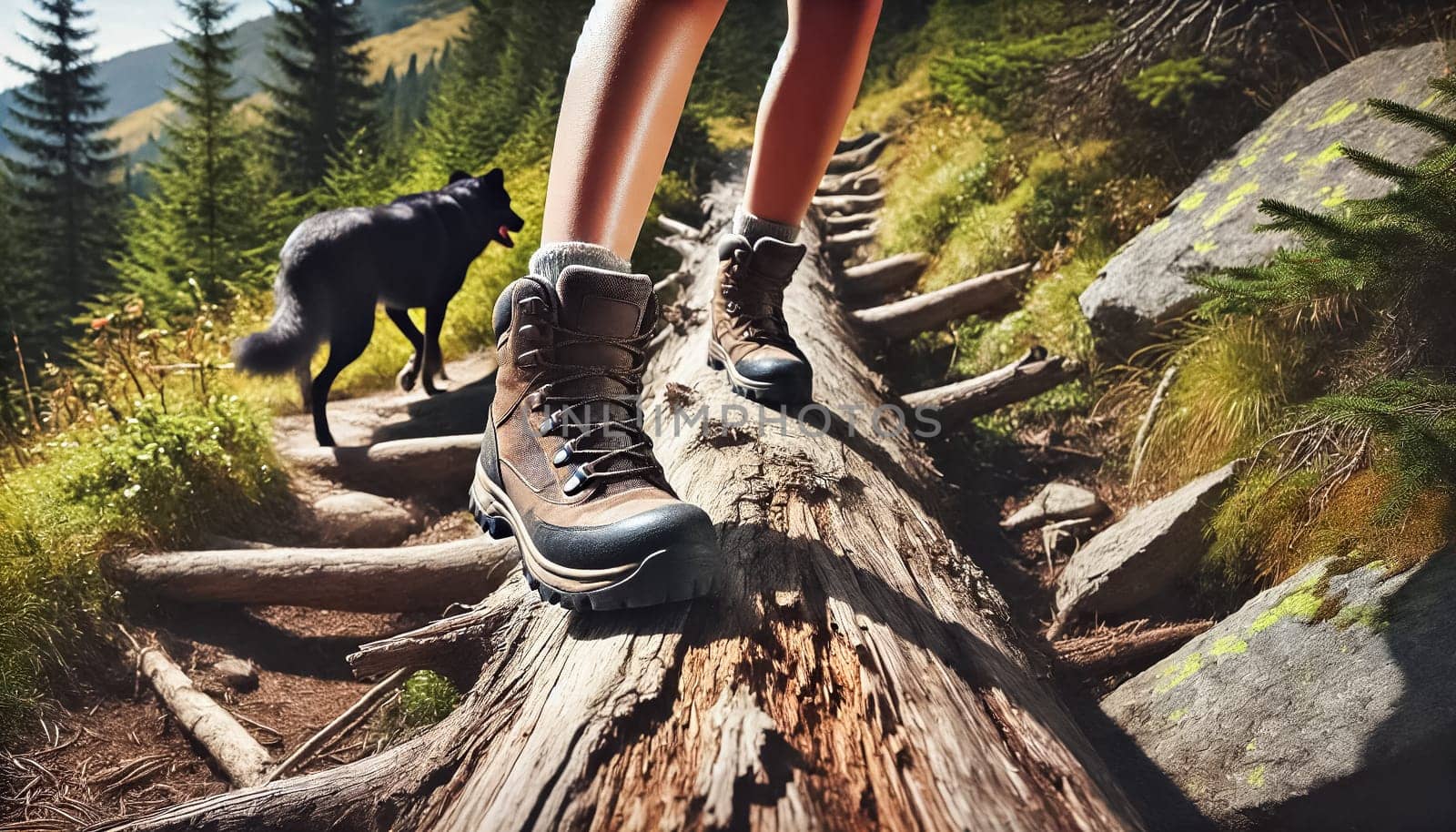 A woman carefully balances on a fallen tree while hiking through a mountain trail. Her dog moves ahead on the path, surrounded by lush greenery and a rugged forest landscape.