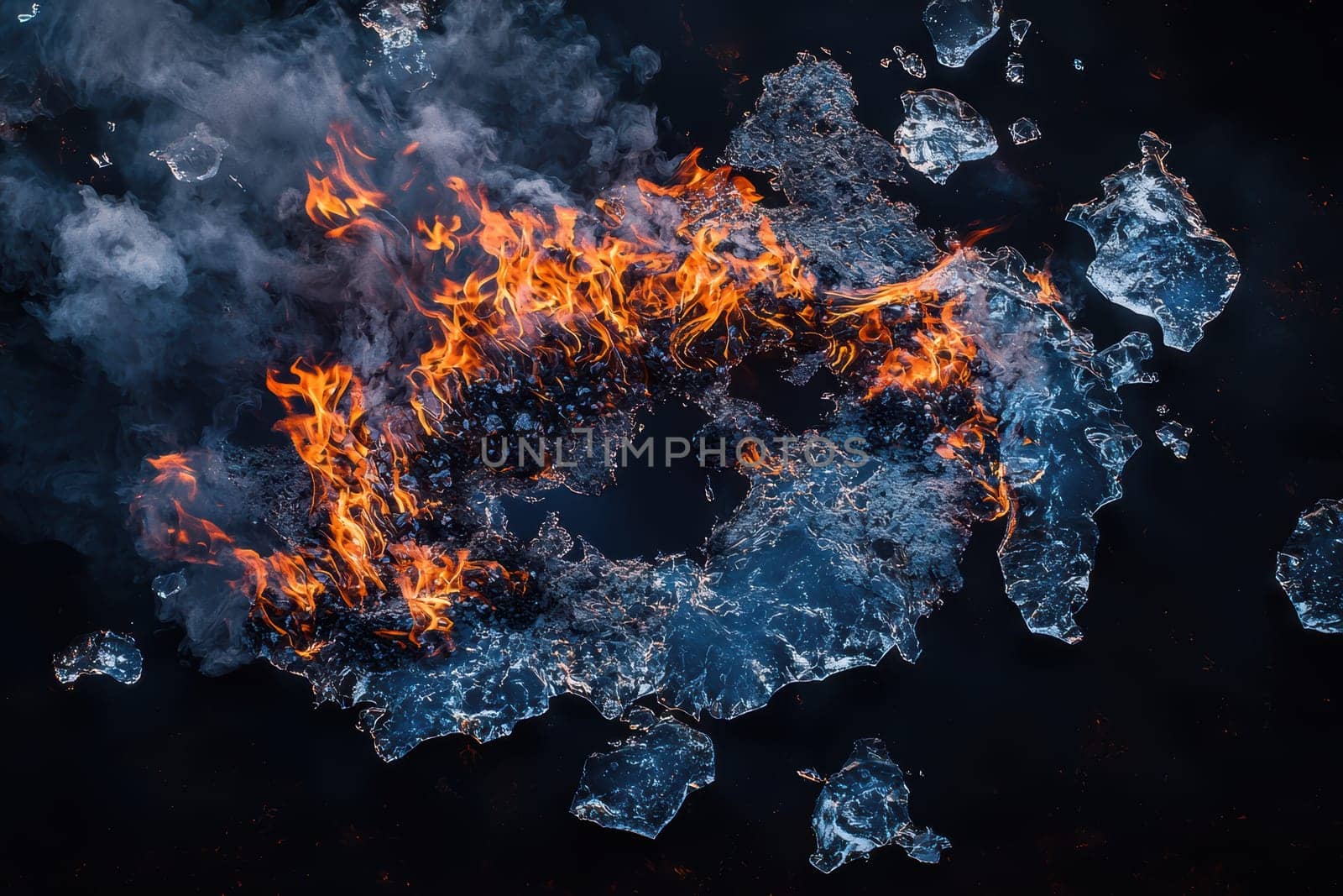 This aerial view showcases a captivating design of fire and smoke, evoking strong visual impact and emotion