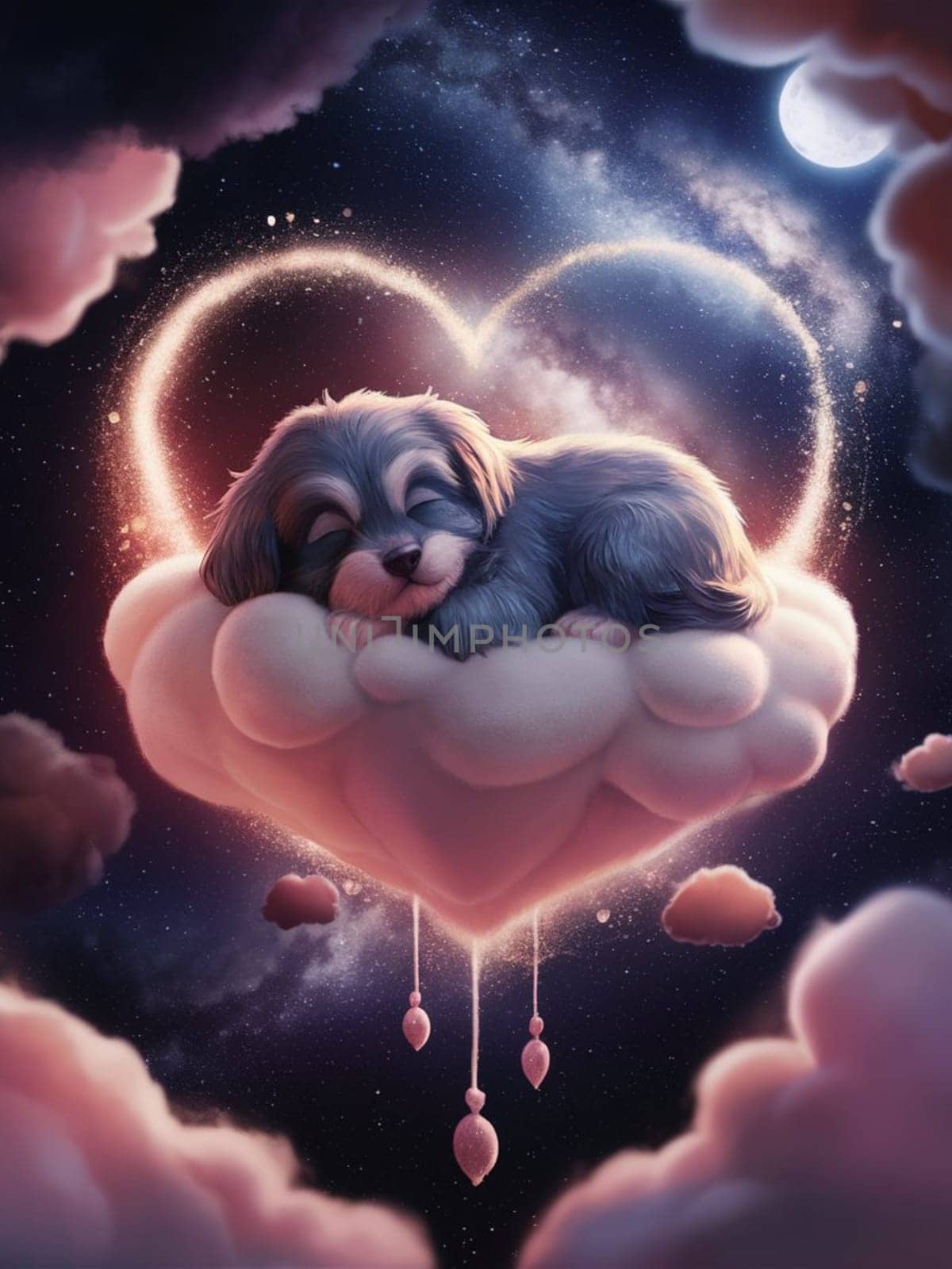 A dog is sleeping on a heart shaped pillow. The pillow is on top of a cloud, ai generated