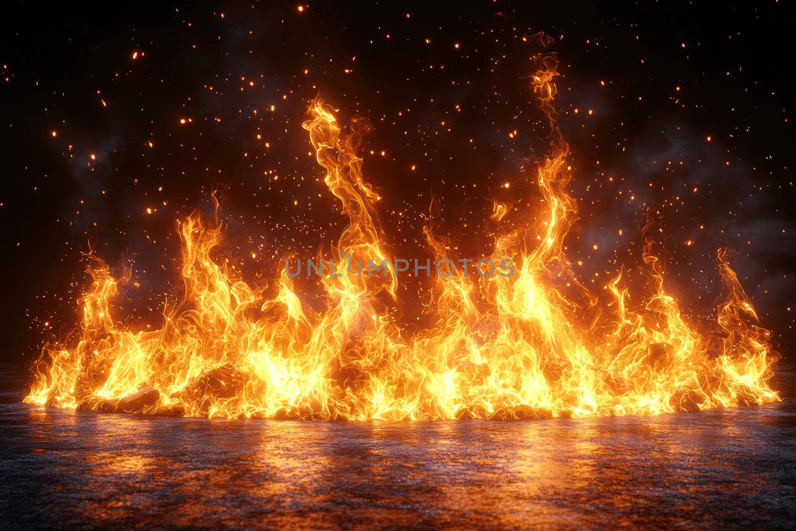 Vivid flames rise dramatically from the water, creating a striking contrast against a very dark background