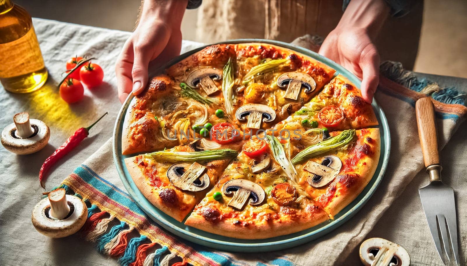 A close-up of a freshly sliced pizza with melted cheese stretching, topped with fresh basil and ripe tomatoes. The rustic kitchen setting adds a cozy and homely feel, surrounded by olive oil, garlic, and fresh ingredients.