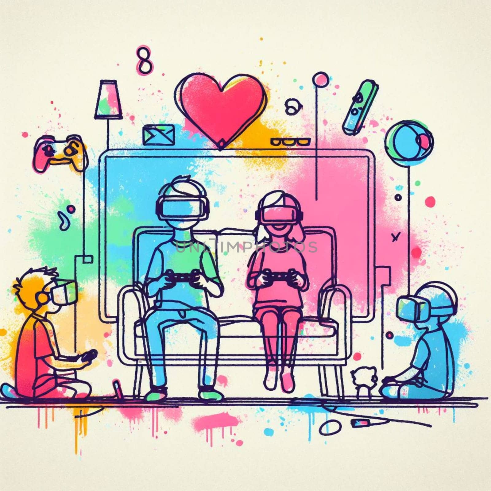 Illustration of a family immersed in virtual reality gaming, sitting on a couch with vr headsets, surrounded by colorful gaming icons, depicting a modern and fun entertainment experience