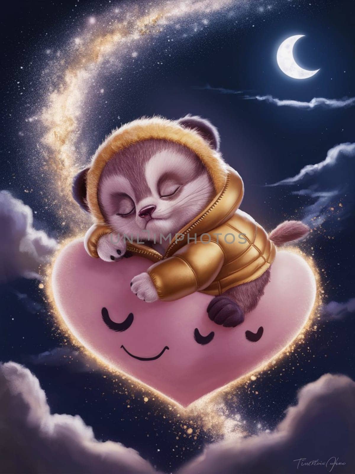 A cute little hedgehog is sleeping on a heart-shaped cloud. The image has a whimsical and playful mood, with the lamb's fluffy white fur and the heart-shaped cloud. The scene evokes feelings of warmth
